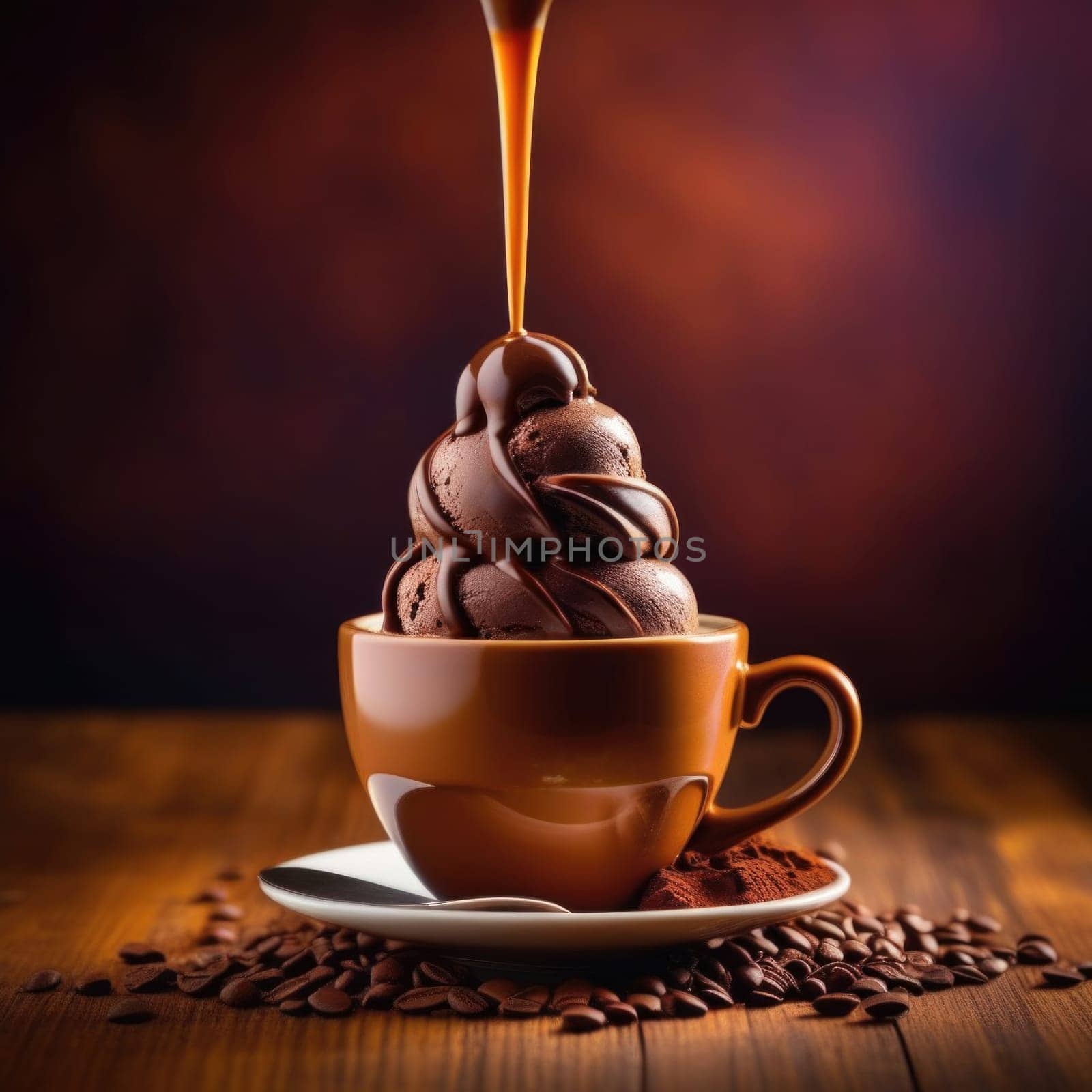 Luxurious and tempting process of pouring rich and creamy chocolate into cup with ice cream, coffee. For advertising, banner, relaxation, menu, dessert, culinary or cafe themed content. Copy space