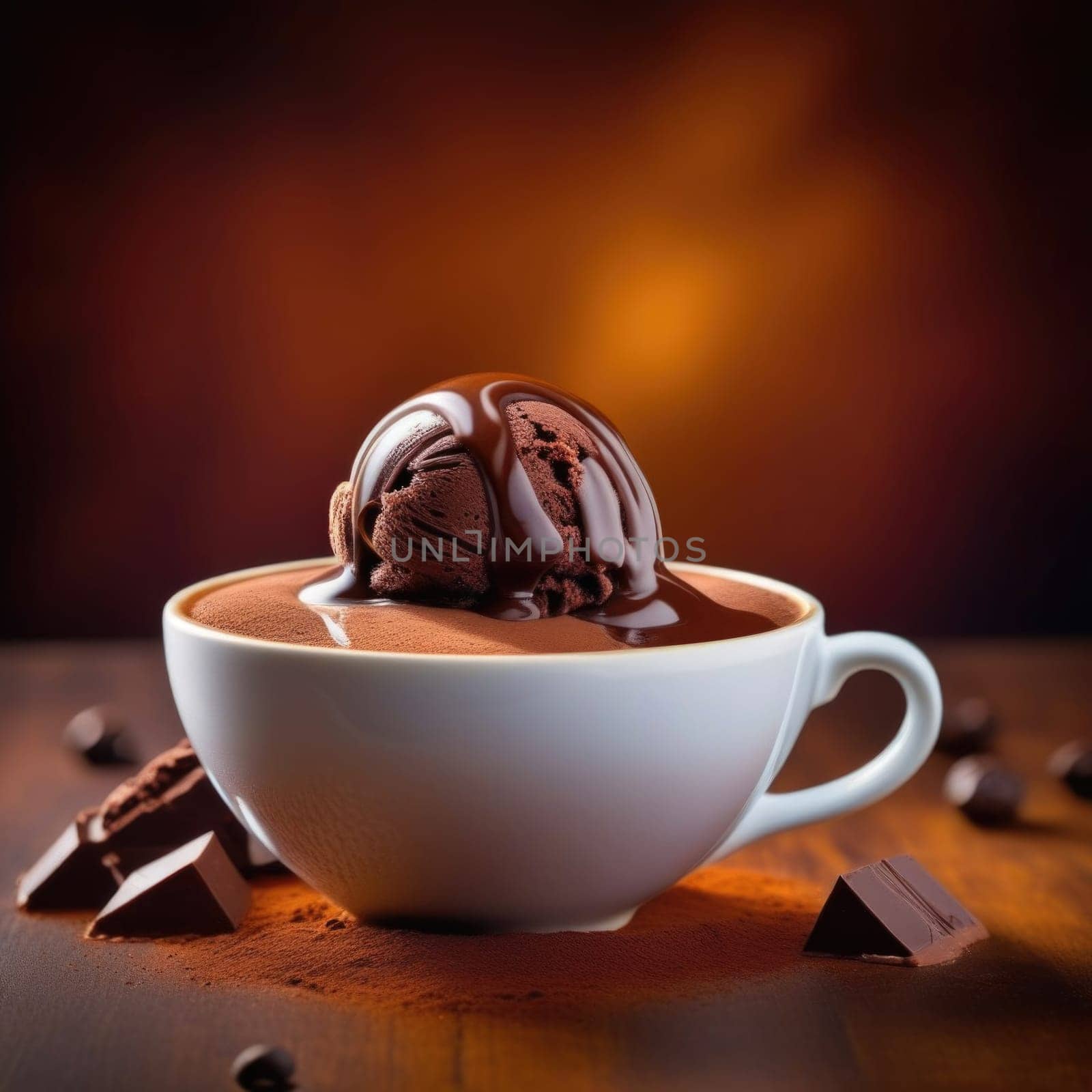 Cup of coffee topped with creamy ice cream and decadent chocolate, set against dark background. For advertising, banner, relaxation, lifestyle, menu, dessert, culinary cafe themed content. Copy space