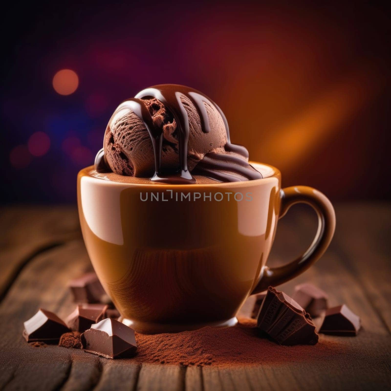 Combines elements of coffee cup, ice cream, chocolate creating visually appealing luxurious image against dark backdrop. For advertising, banner, menu, dessert, cafe themed content. Copy space