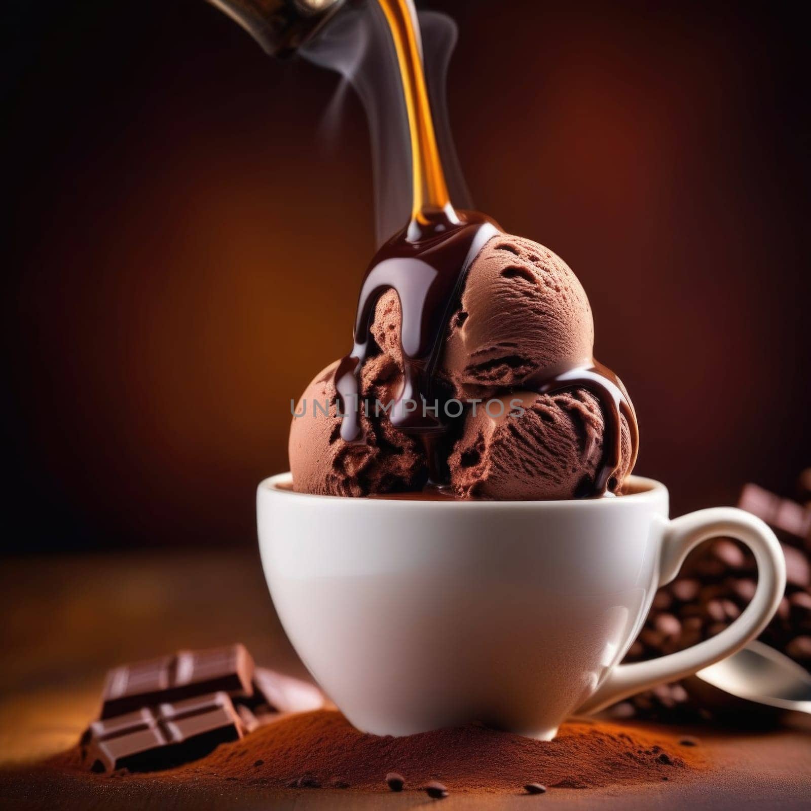 Luxurious and tempting process of pouring rich and creamy chocolate into cup with ice cream, coffee. For advertising, banner, relaxation, menu, dessert, culinary or cafe themed content. Copy space