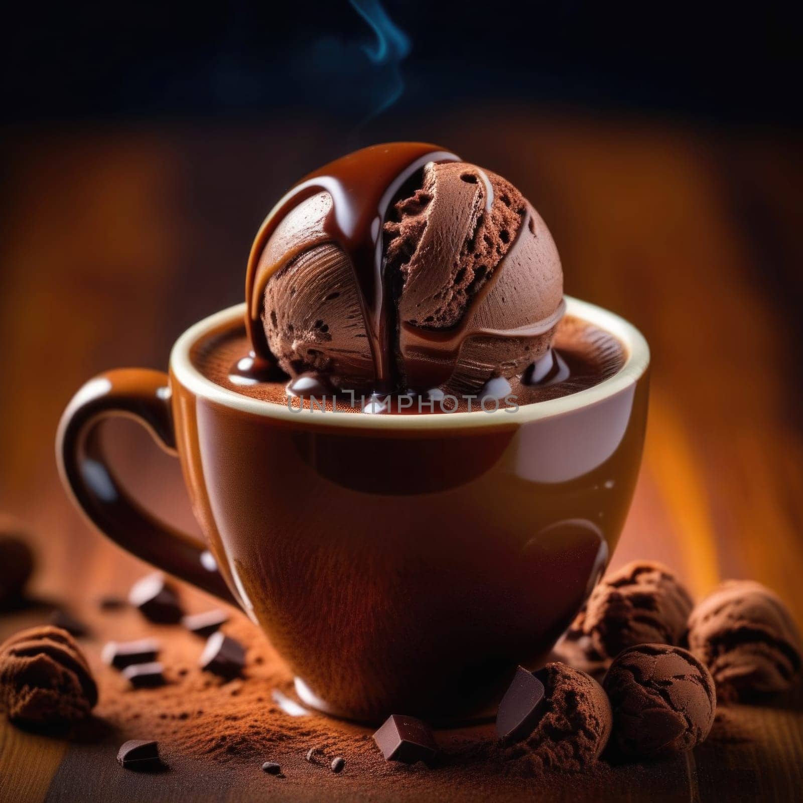 Cup of coffee topped with creamy ice cream and decadent chocolate, set against dark background. For advertising, banner, relaxation, lifestyle, menu, dessert, culinary cafe themed content. Copy space