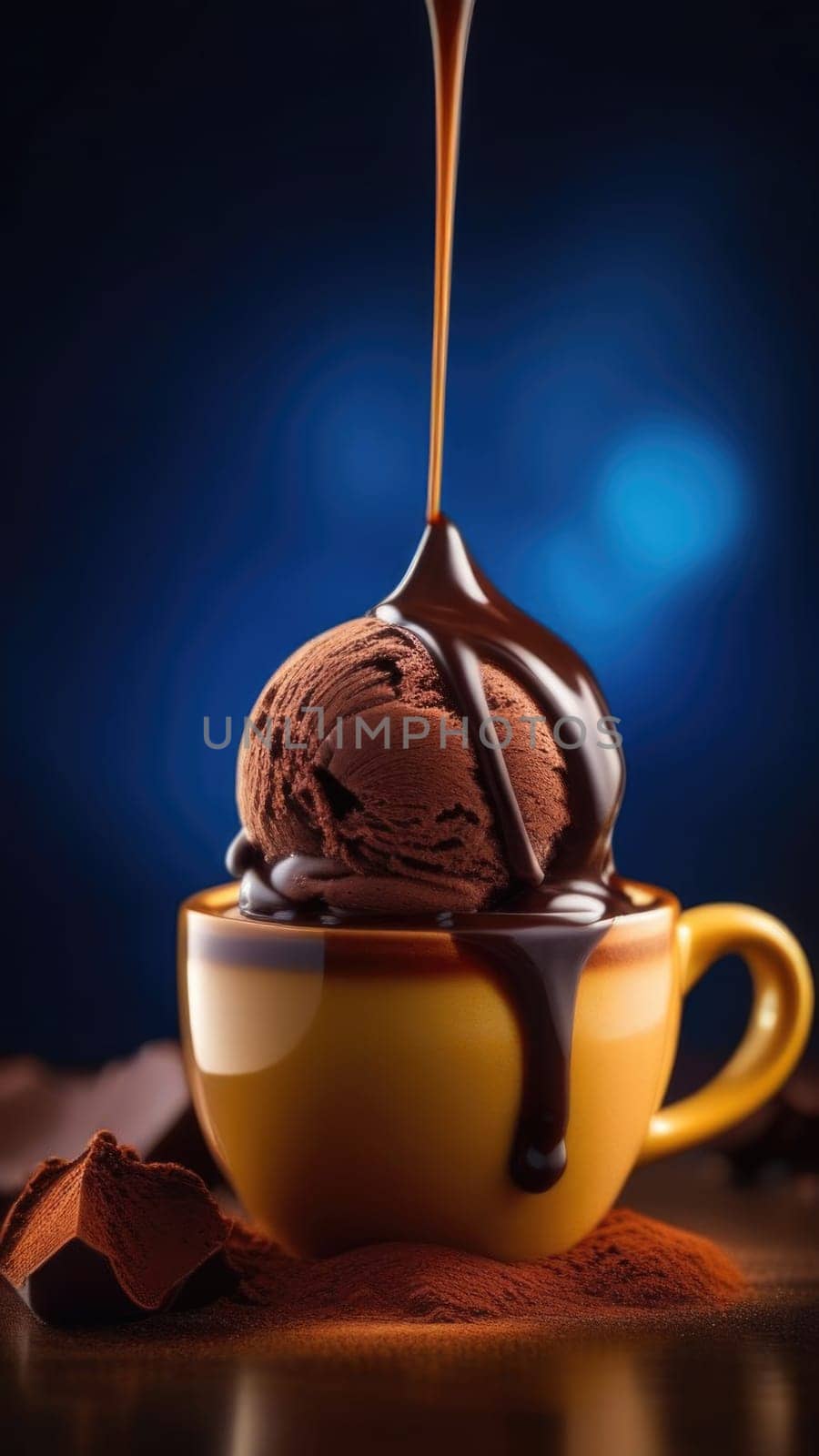 Luxurious and tempting process of pouring rich and creamy chocolate into cup with ice cream, coffee. For advertising, banner, relaxation, menu, dessert, culinary or cafe themed content. Copy space