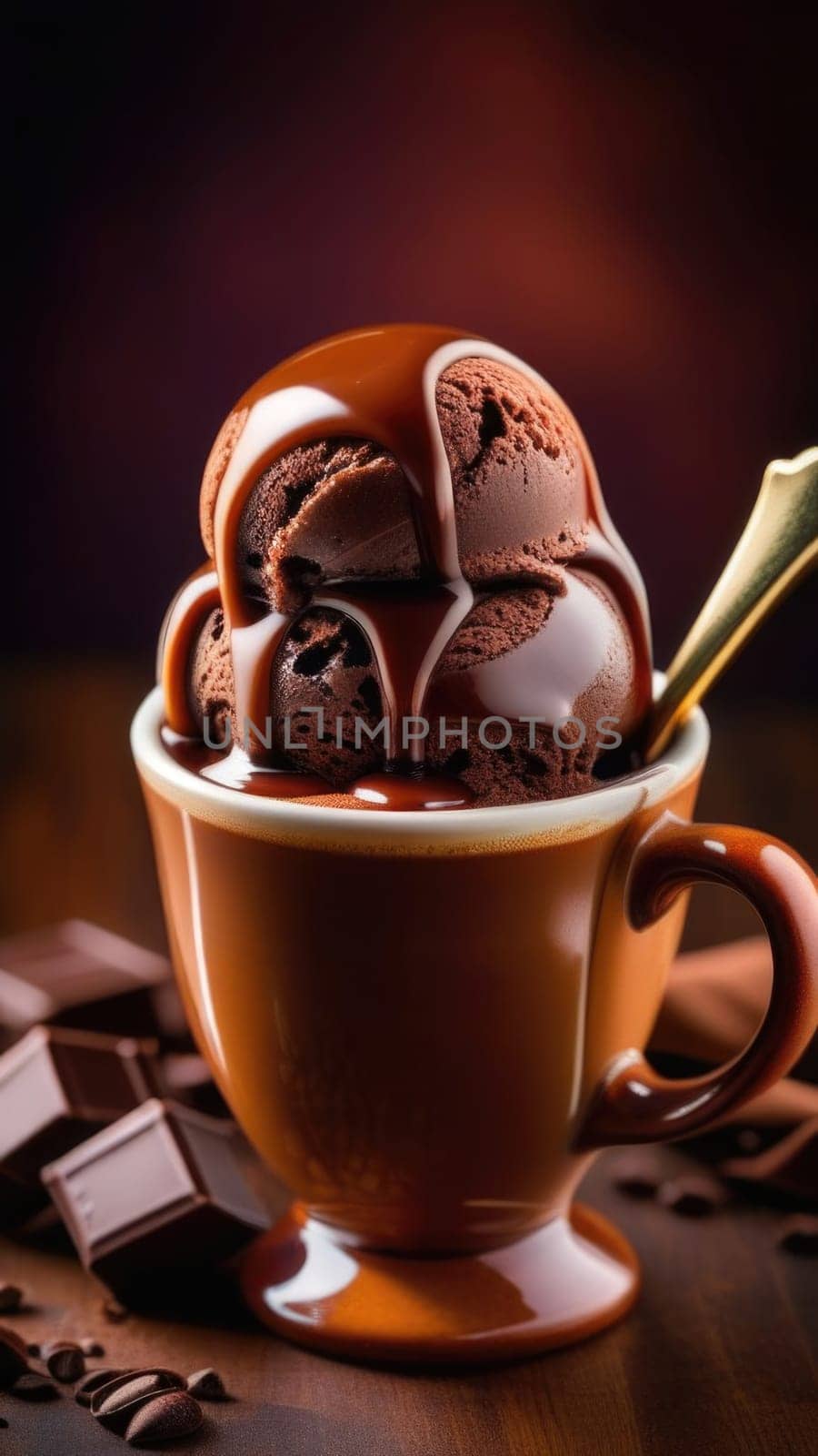 Combines elements of coffee cup, ice cream, chocolate creating visually appealing luxurious image against dark backdrop. For advertising, banner, menu, dessert, cafe themed content. Copy space