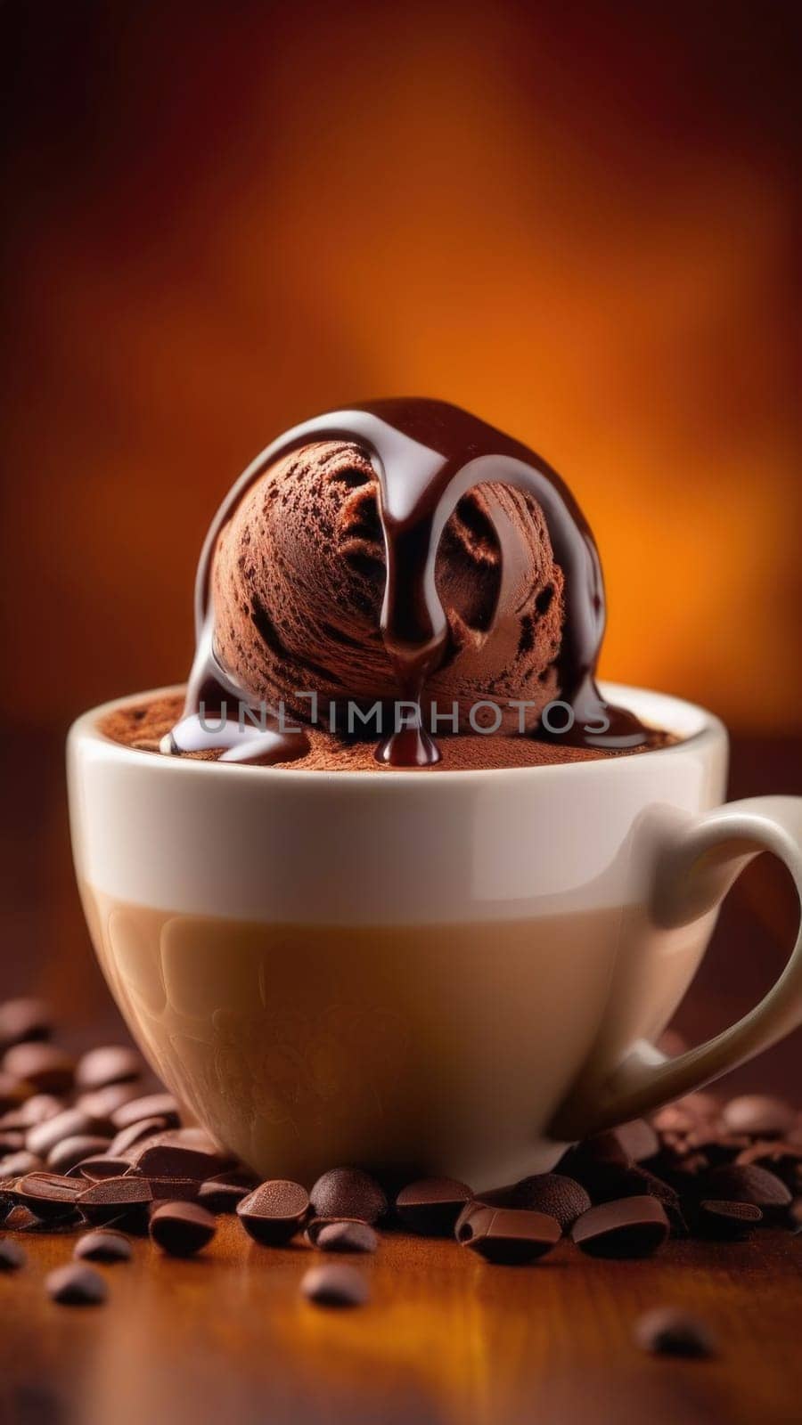 Cup of coffee topped with creamy ice cream and decadent chocolate, set against dark background. For advertising, banner, relaxation, lifestyle, menu, dessert, culinary cafe themed content. Copy space