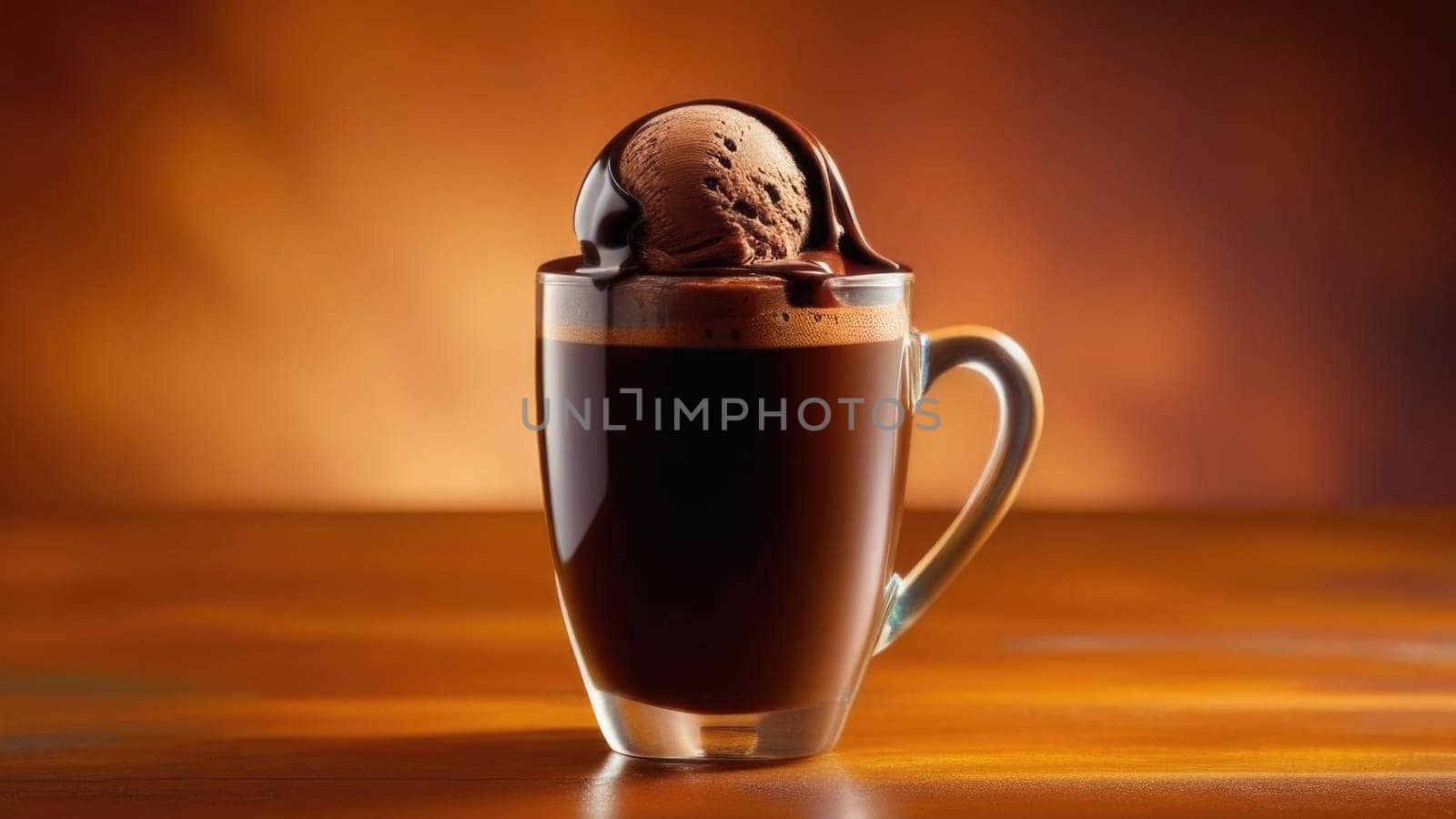 Cup of coffee topped with creamy ice cream and decadent chocolate, set against dark background. For advertising, banner, relaxation, lifestyle, menu, dessert, culinary cafe themed content. Copy space