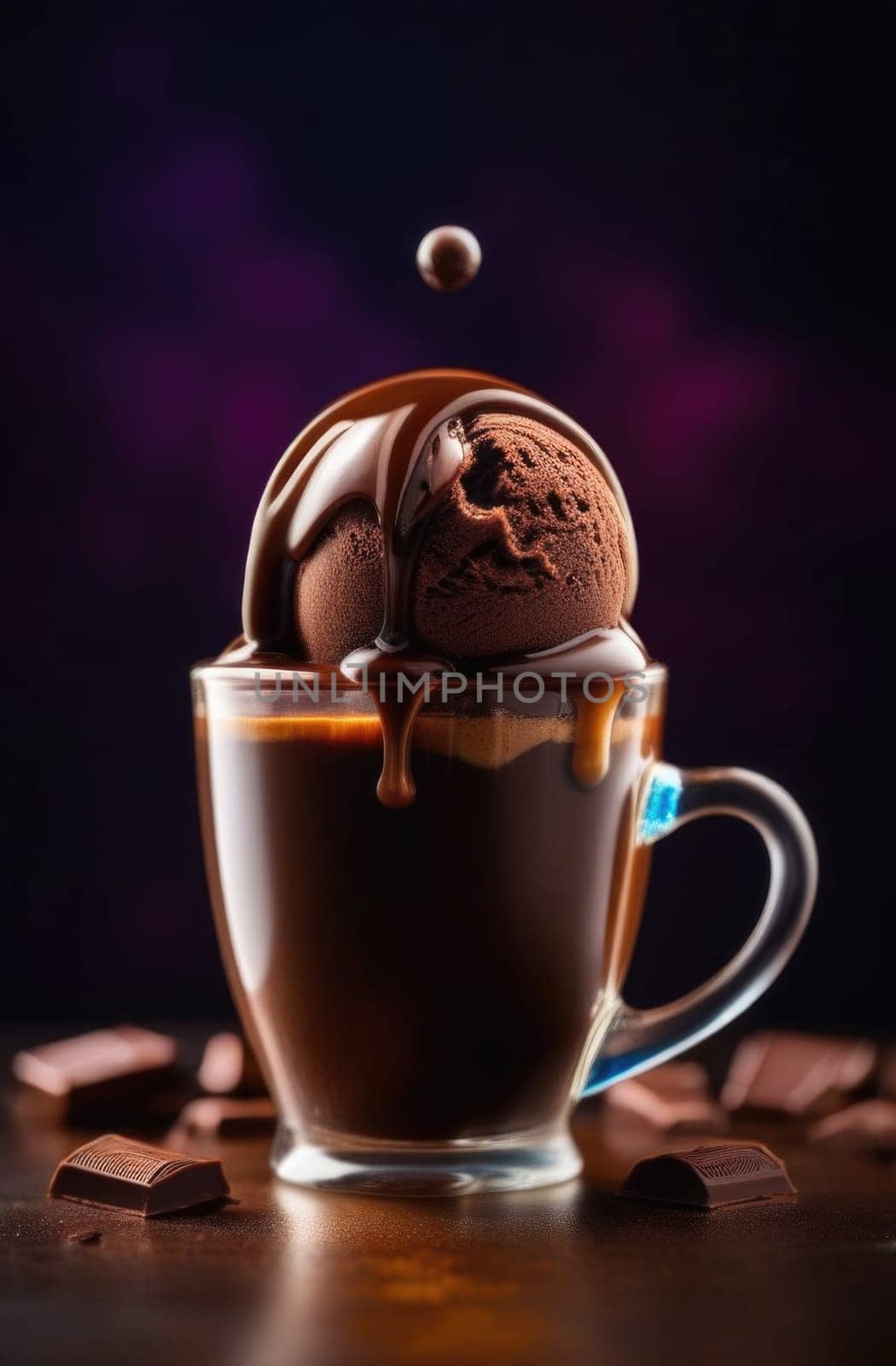 Luxurious and tempting process of pouring rich and creamy chocolate into cup with ice cream, coffee. For advertising, banner, relaxation, menu, dessert, culinary or cafe themed content. Copy space