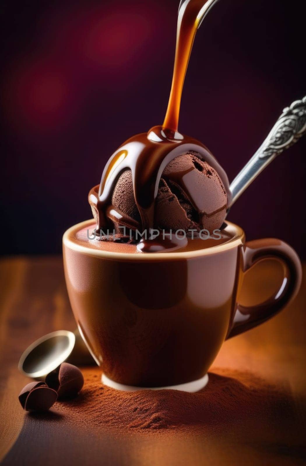 Luxurious and tempting process of pouring rich and creamy chocolate into cup with ice cream, coffee. For advertising, banner, relaxation, menu, dessert, culinary or cafe themed content. Copy space