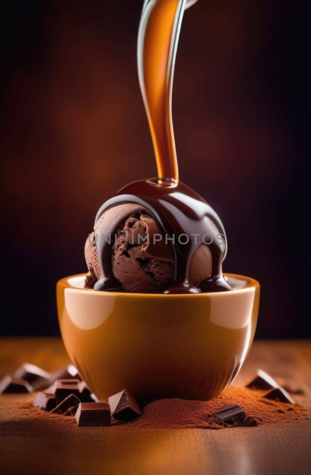 Luxurious and tempting process of pouring rich and creamy chocolate into cup with ice cream, coffee. For advertising, banner, relaxation, menu, dessert, culinary or cafe themed content. Copy space
