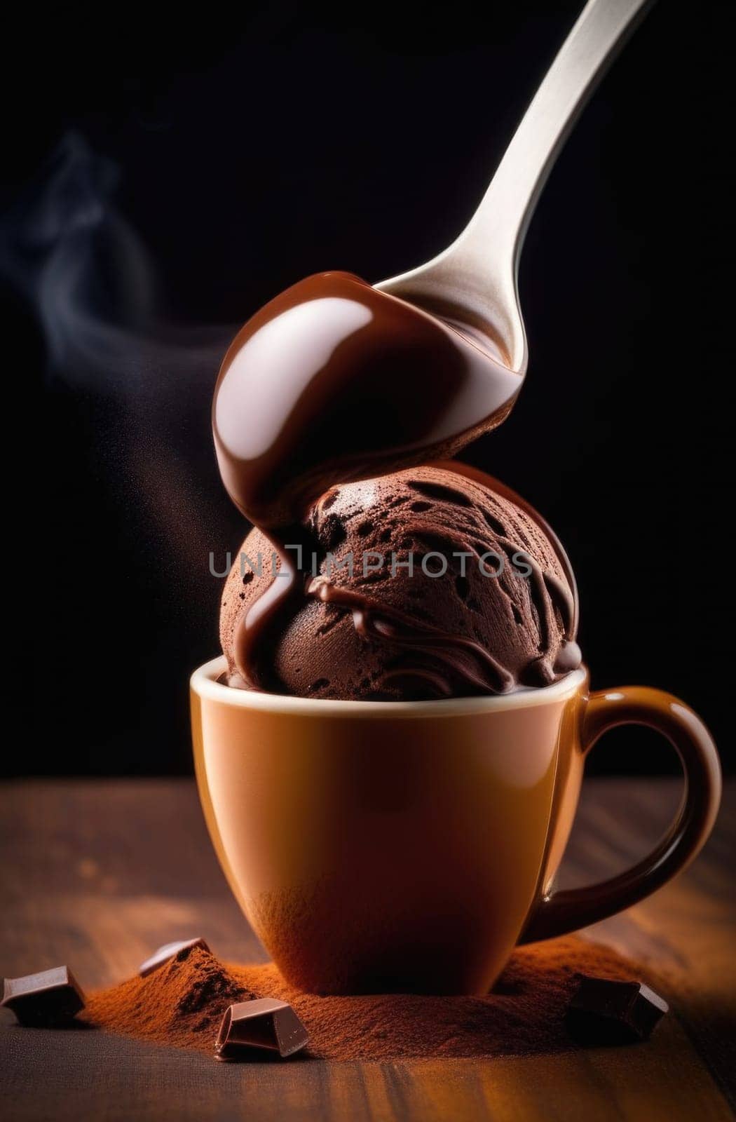 Luxurious and tempting process of pouring rich and creamy chocolate into cup with ice cream, coffee. For advertising, banner, relaxation, menu, dessert, culinary or cafe themed content. Copy space