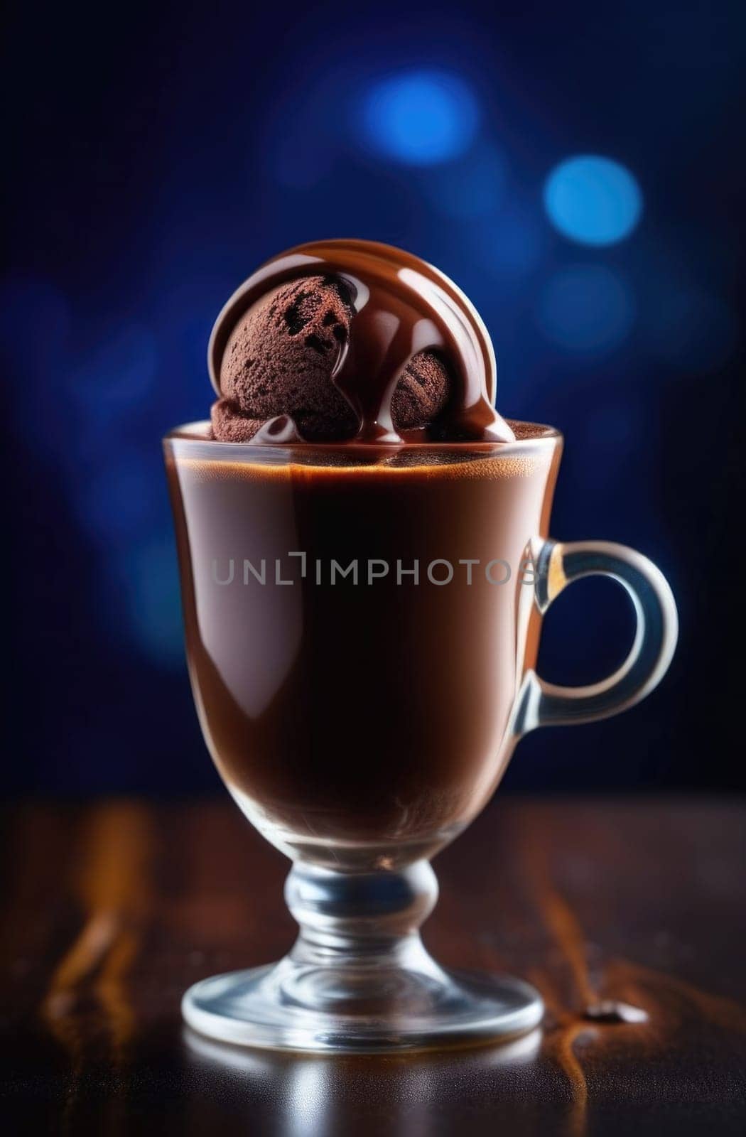 Cup of coffee topped with creamy ice cream and decadent chocolate, set against dark background. For advertising, banner, relaxation, lifestyle, menu, dessert, culinary cafe themed content. Copy space