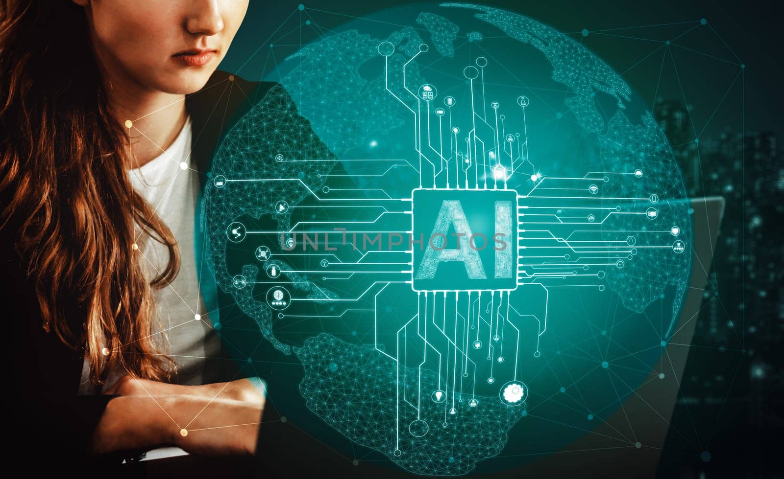 AI Learning and Artificial Intelligence Concept - Icon Graphic Interface showing computer, machine thinking and AI Artificial Intelligence of Digital Robotic Devices. uds