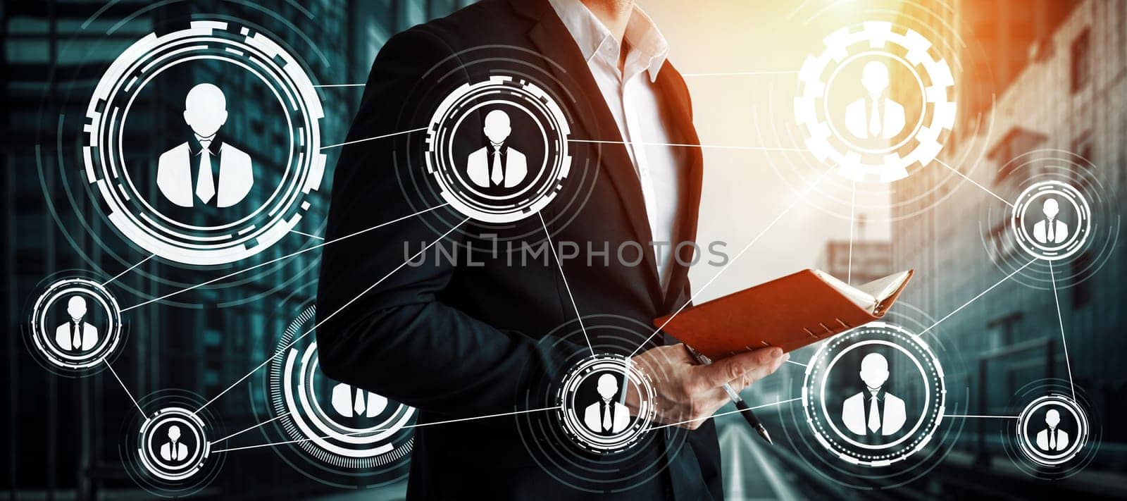 Human Resources Recruitment and People Networking Concept. Modern graphic interface showing professional employee hiring and headhunter seeking interview candidate for future manpower.