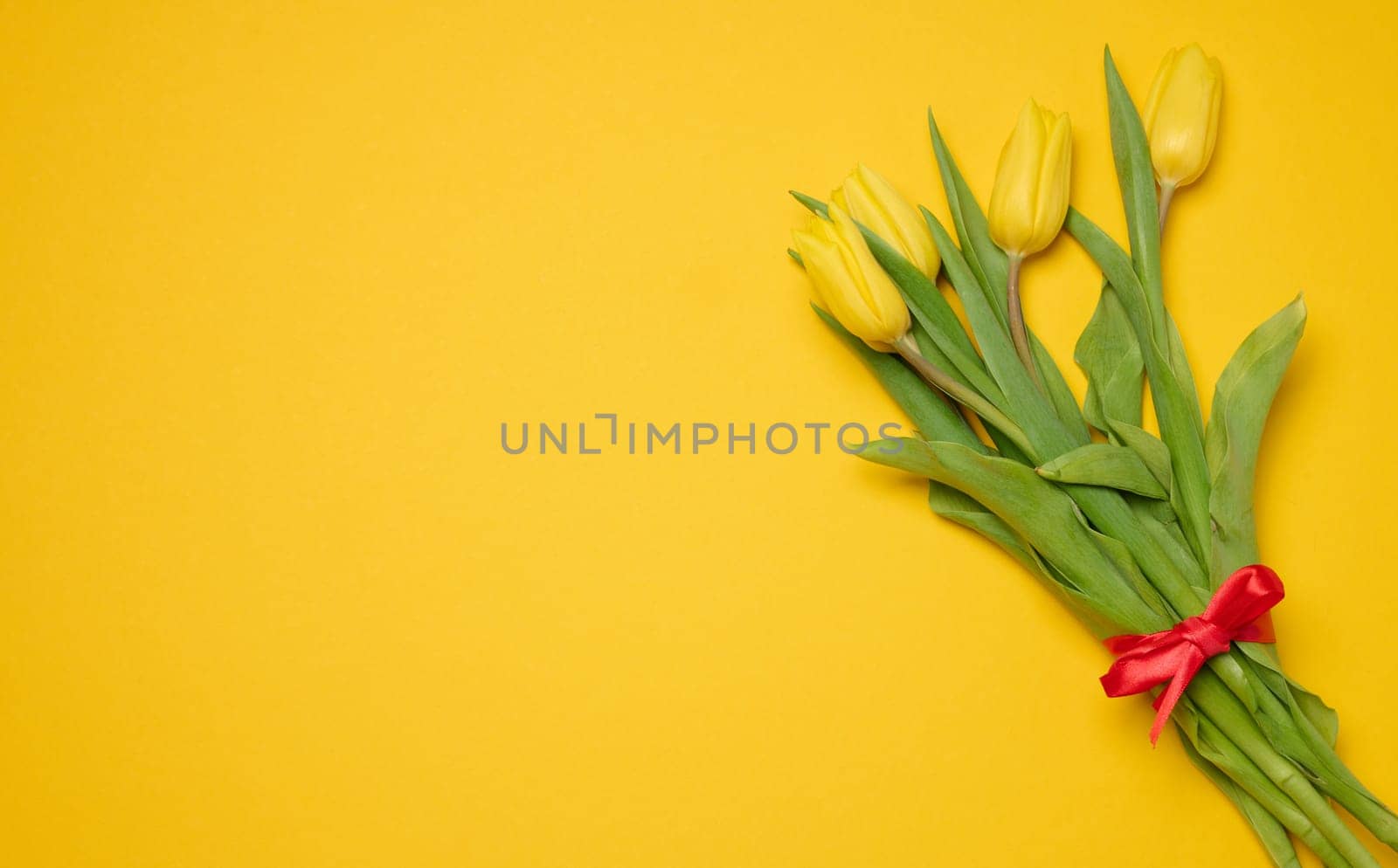 Bouquet of blooming tulips with green leaves on a yellow background, top view. Copy space