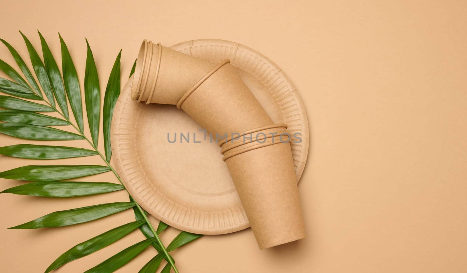 Paper plates and cups on a beige background, top view