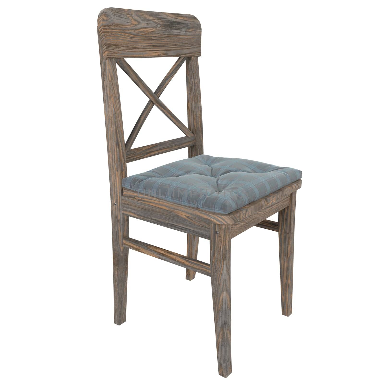 A wooden chair with a blue cushion and a wooden back. High quality 3d illustration