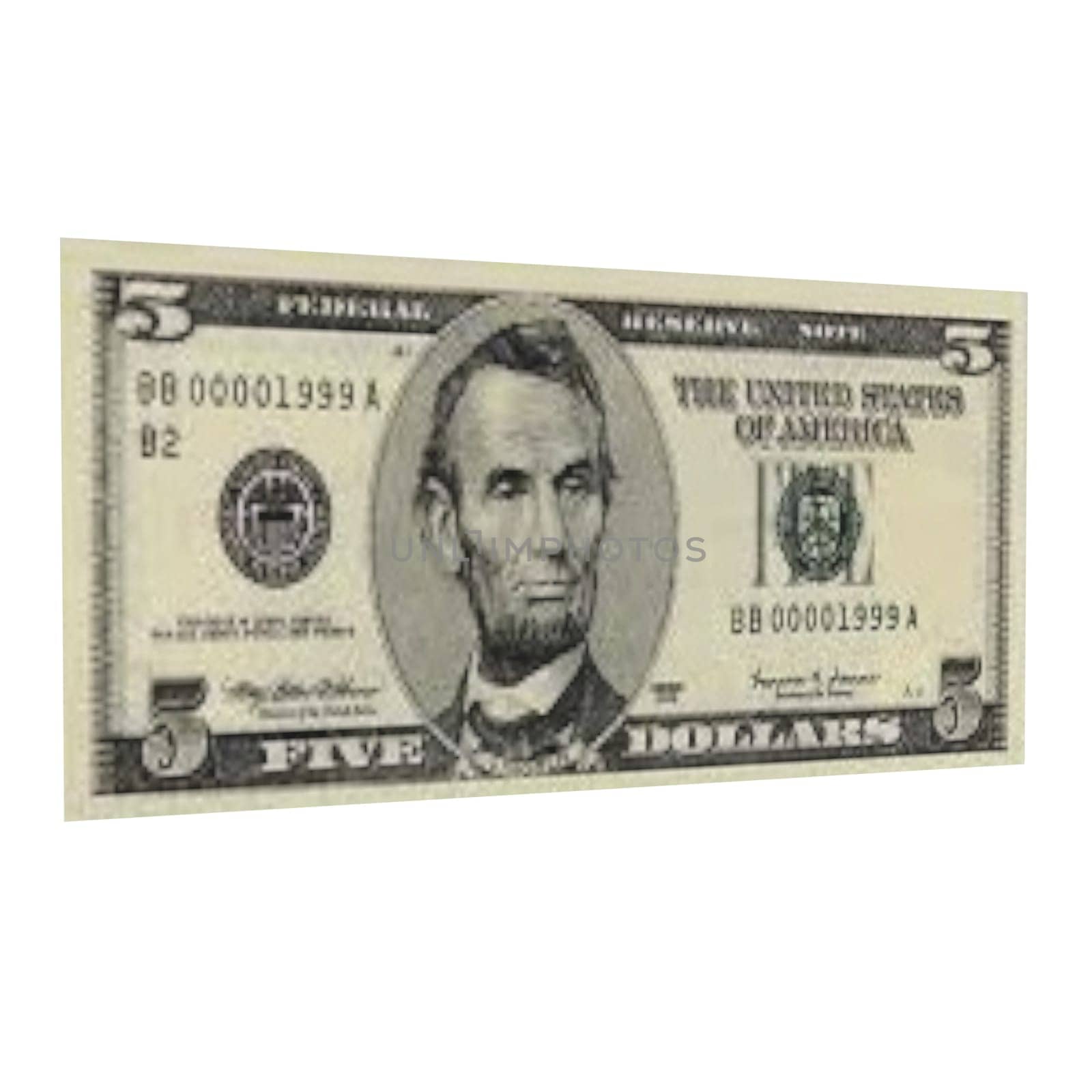 A five dollar bill with Abraham Lincoln on it. High quality 3d illustration