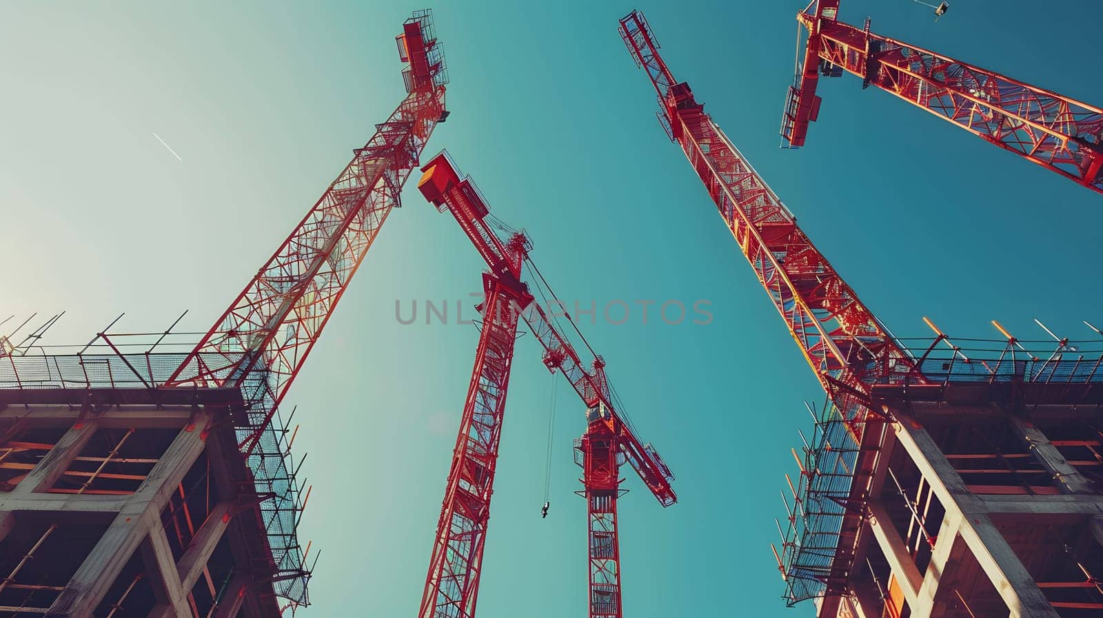 A group of engineering cranes are gazing up at a composite material building under construction, against the leisurely sky backdrop