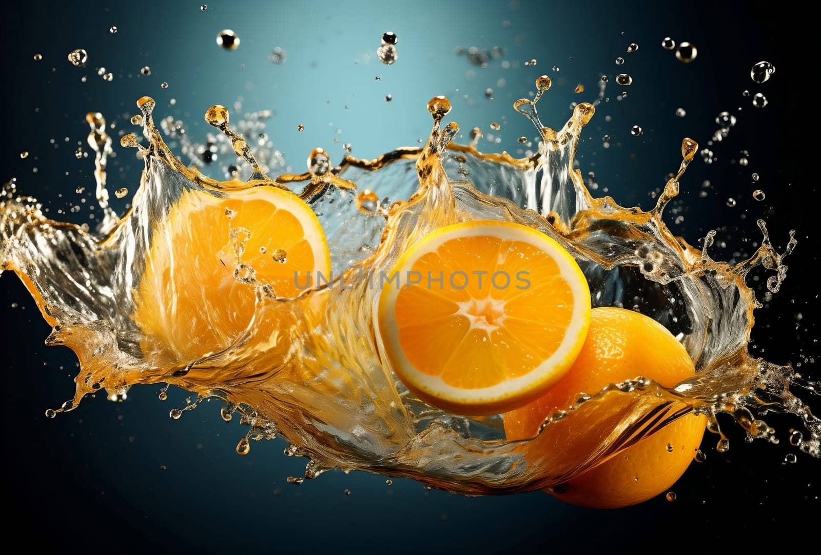 Oranges flying in the air and splashing water by NataliPopova