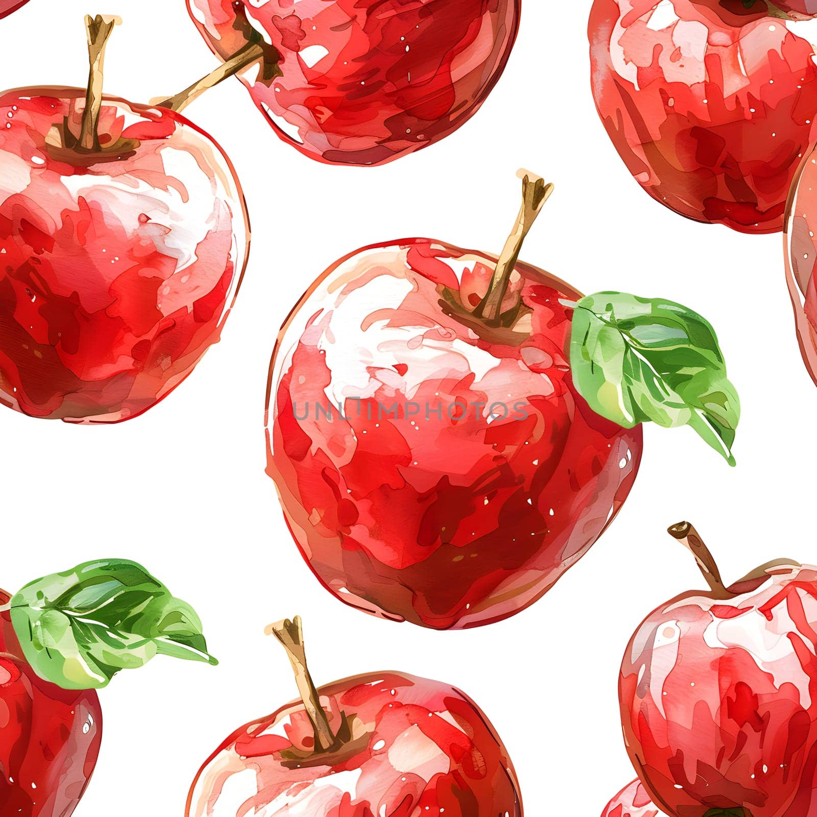 a seamless pattern of red apples with green leaves on a white background by Nadtochiy