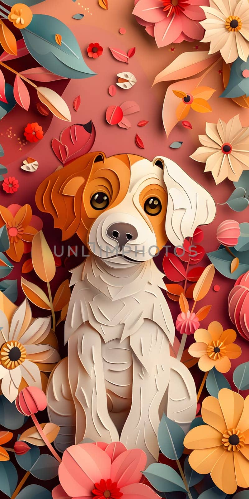 A fawncolored Labrador Retriever, a carnivore and companion dog breed, is peacefully sitting among colorful flowers and leaves, creating a picturesque scene fit for a painting