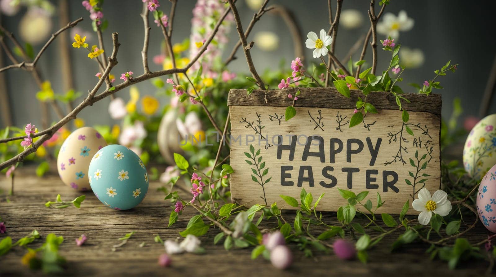 painted easter eggs and flowers on a rustic wooden background, embodying the joy of spring by chrisroll