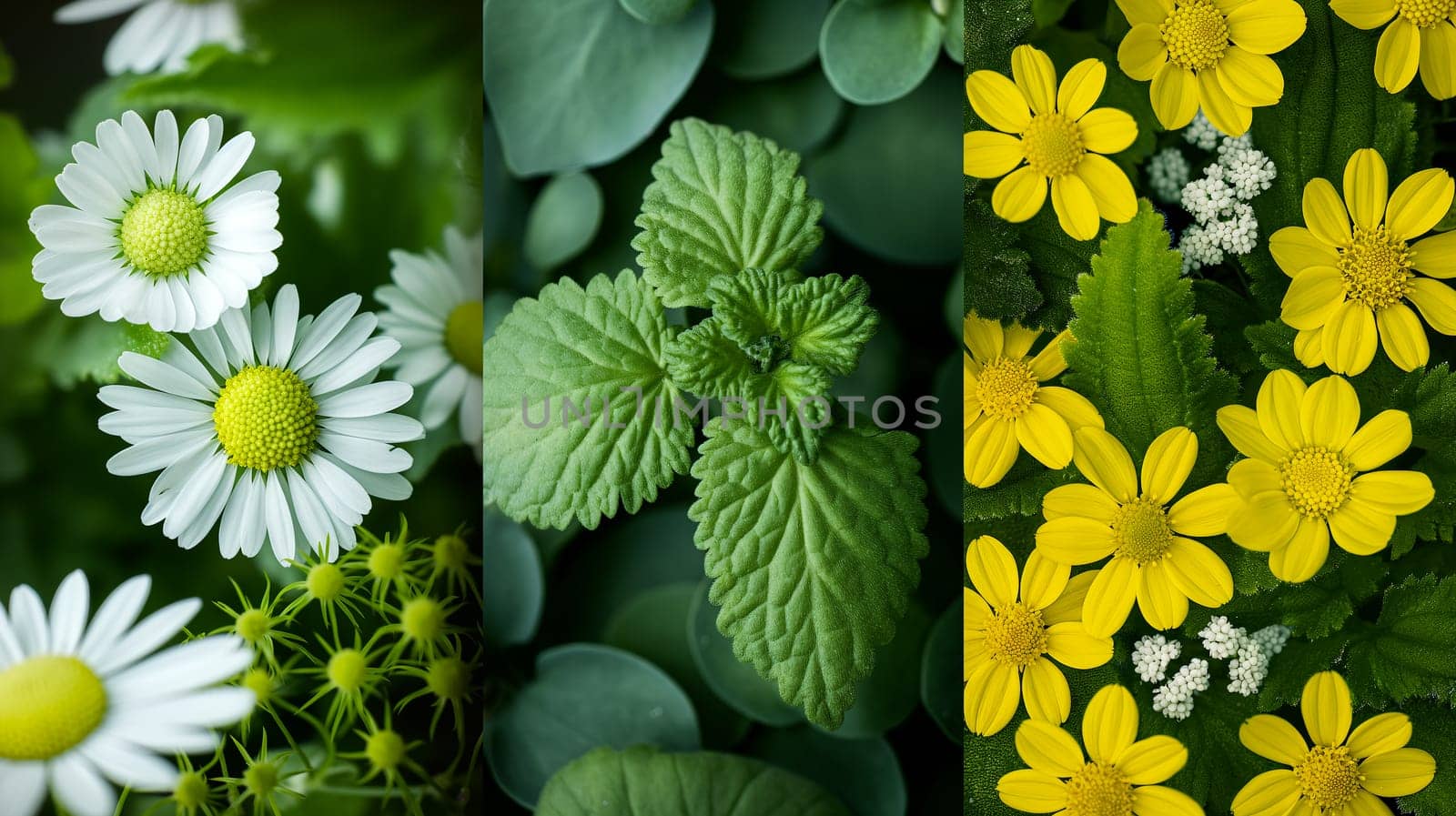 This image captures the vibrant beauty of spring with a collage of white daisies, fresh green leaves, and bright yellow flowers in bloom - Generative AI
