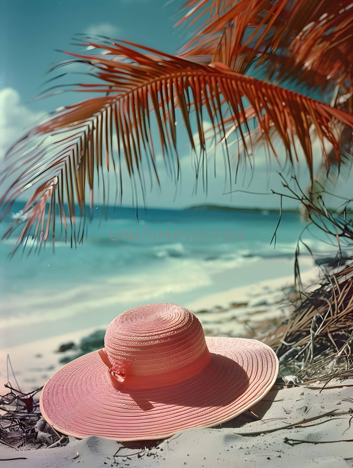 A pink hat lies on the sandy beach under a swaying palm tree, creating a picturesque scene against the azure sky and tranquil body of water. Perfect for a travel photograph