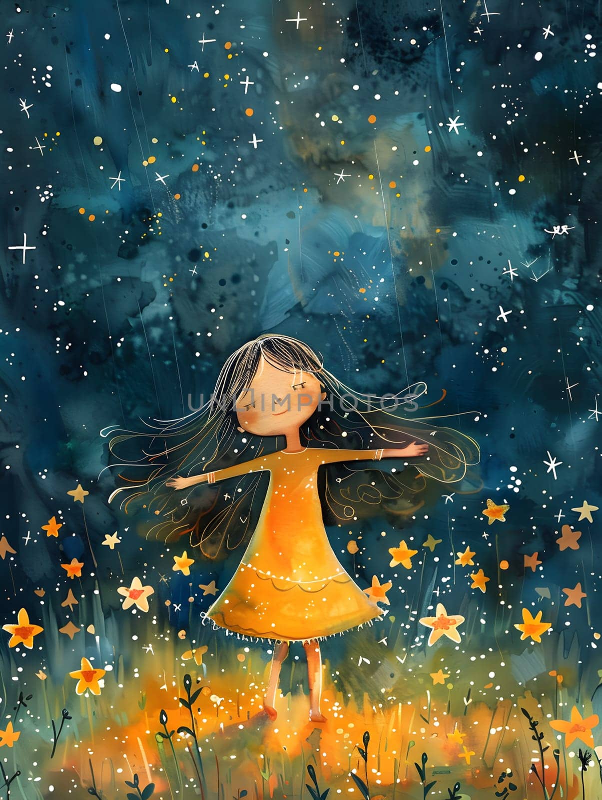 a little girl in a yellow dress is standing in a field of stars by Nadtochiy