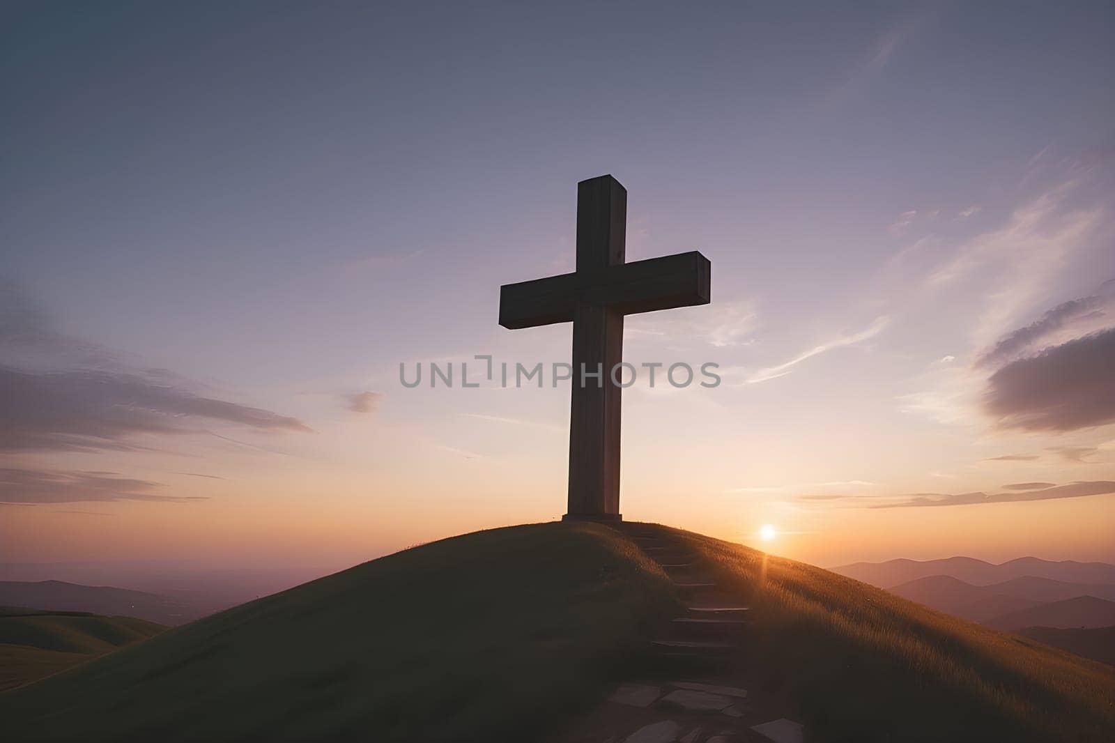 silhouette of cross on calvary hill at sunset. by andre_dechapelle