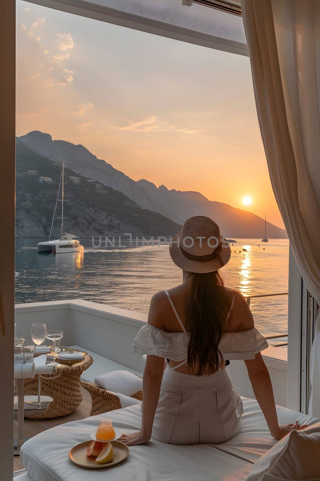 A woman admires the sunset over the ocean from her bed, gazing out the window at the beautiful water and sky colors merging with the clouds