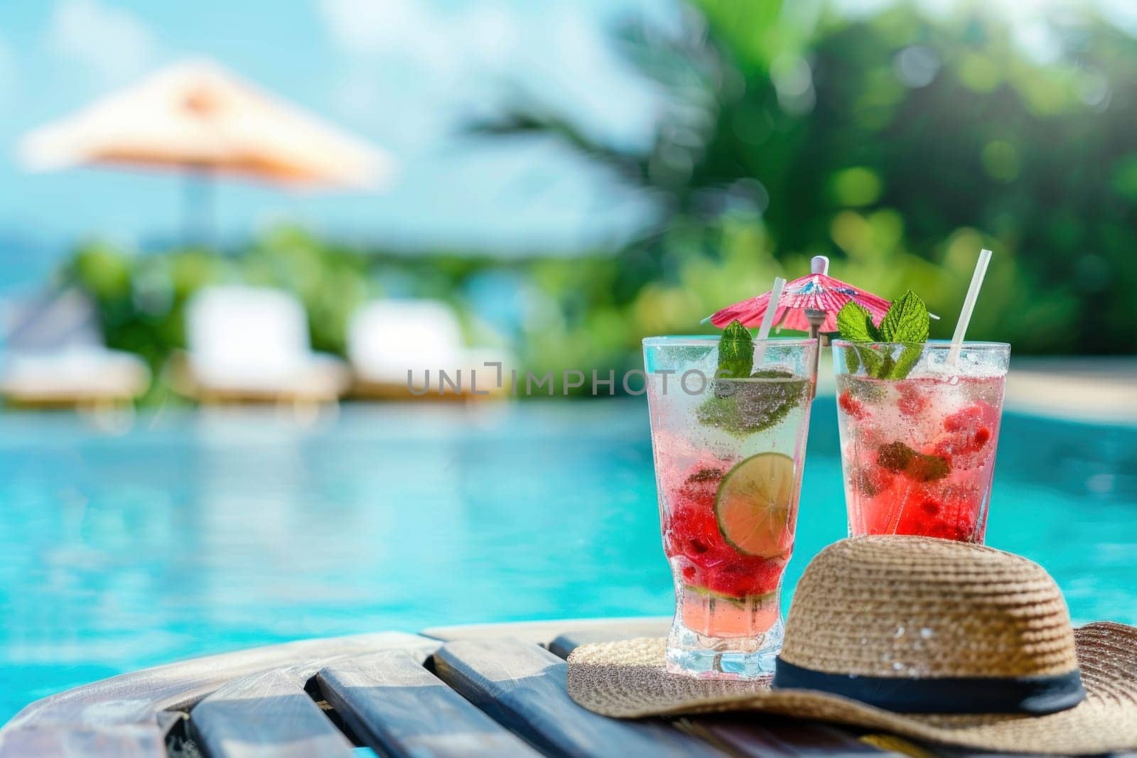 Glasses of fresh summer cocktails and hat on table near swimming pool. Generative AI.