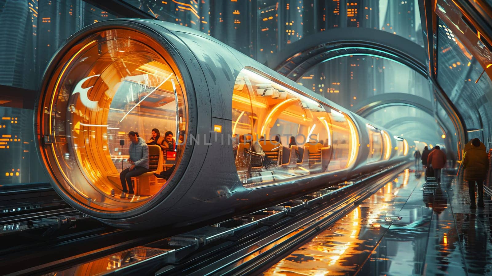 A futuristic of commuters in a high speed train, futuristic technology of transport.