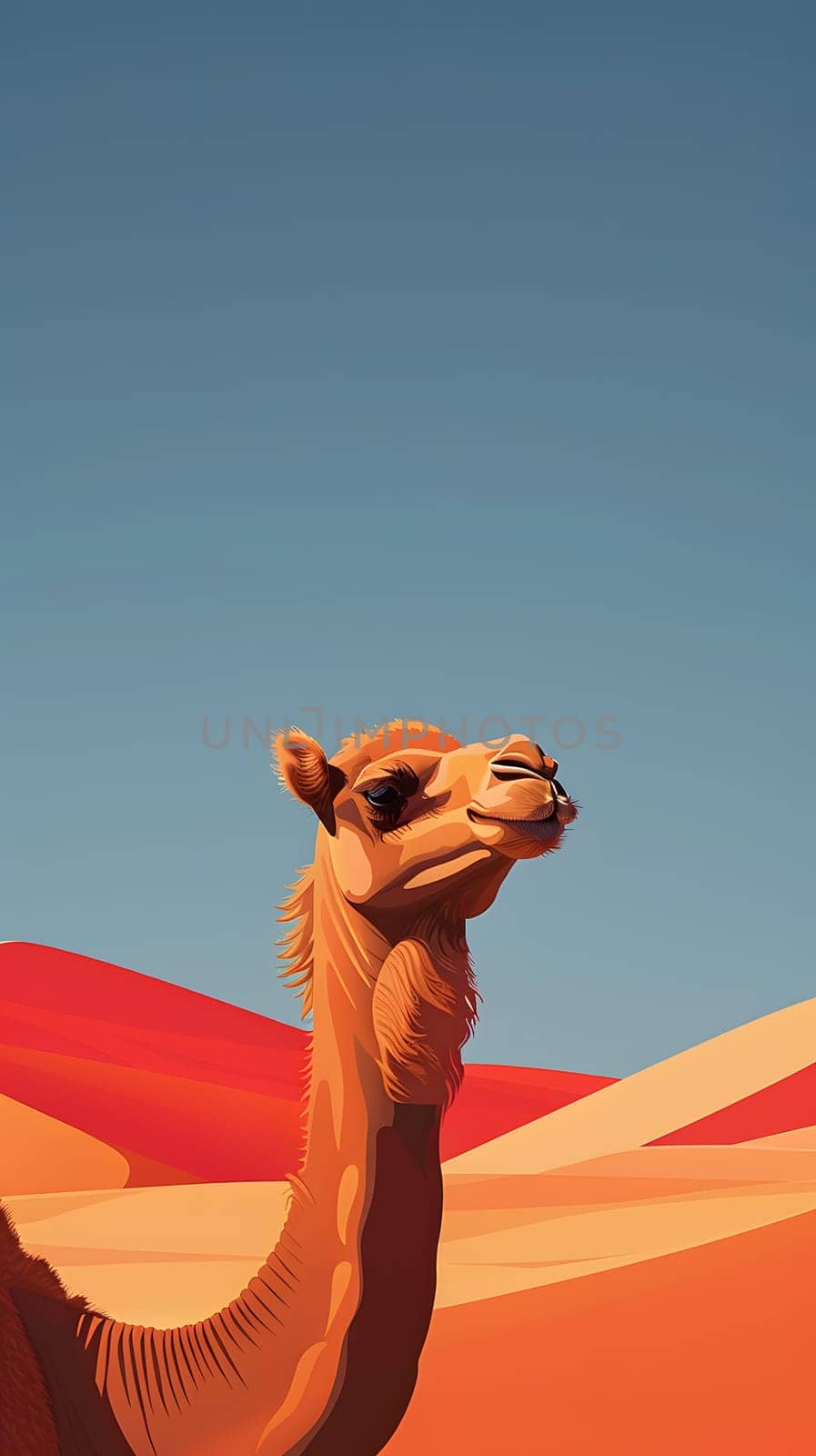 An Arabian camel stands happily in the desert landscape under the vast sky by Nadtochiy