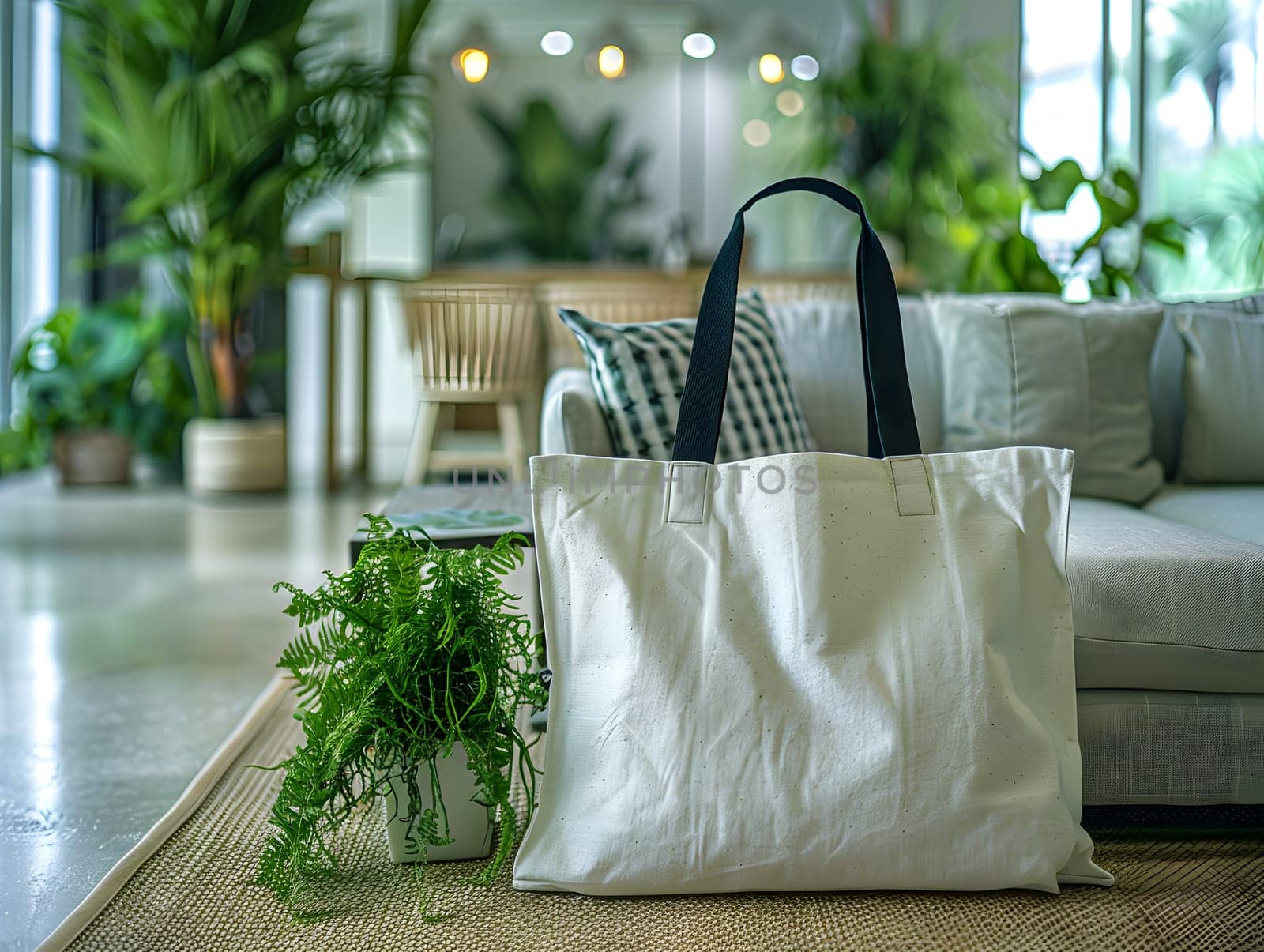 A white tote bag sits on a rug in a living room next to a couch, adding a touch of modern interior design to the hardwood flooring and green grass plant in a flowerpot