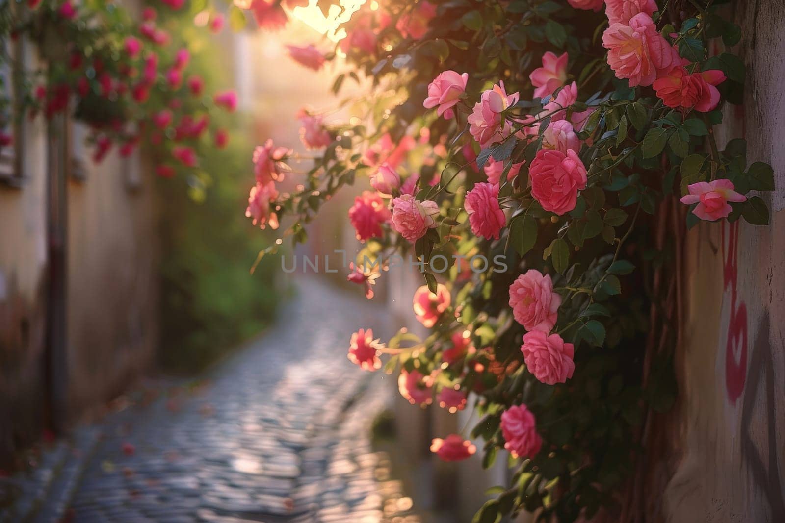 an old lane in the old town, lined with pink and crimson roses.ai generative.