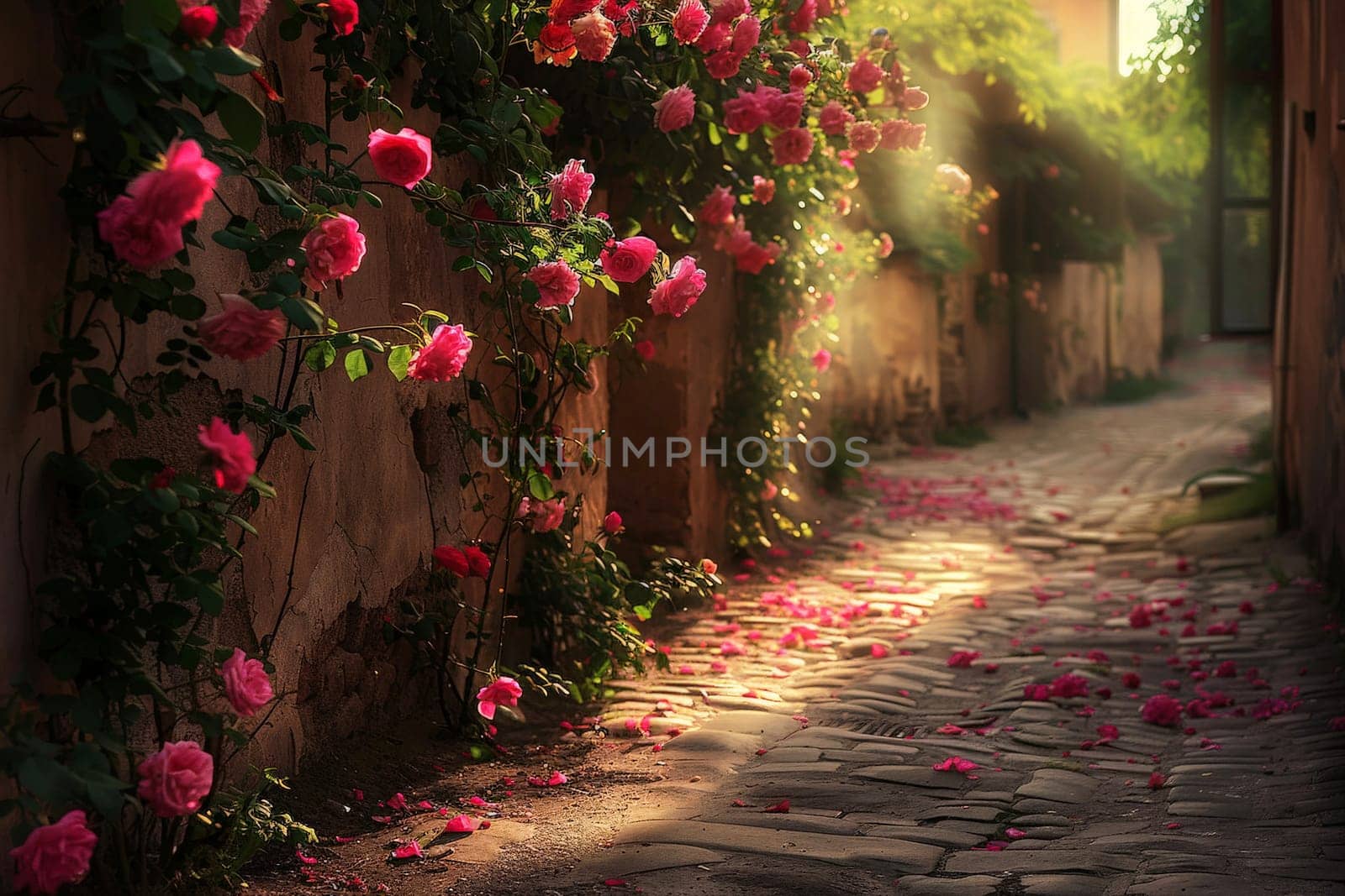 an old lane in the old town, lined with pink and crimson roses.ai generative.