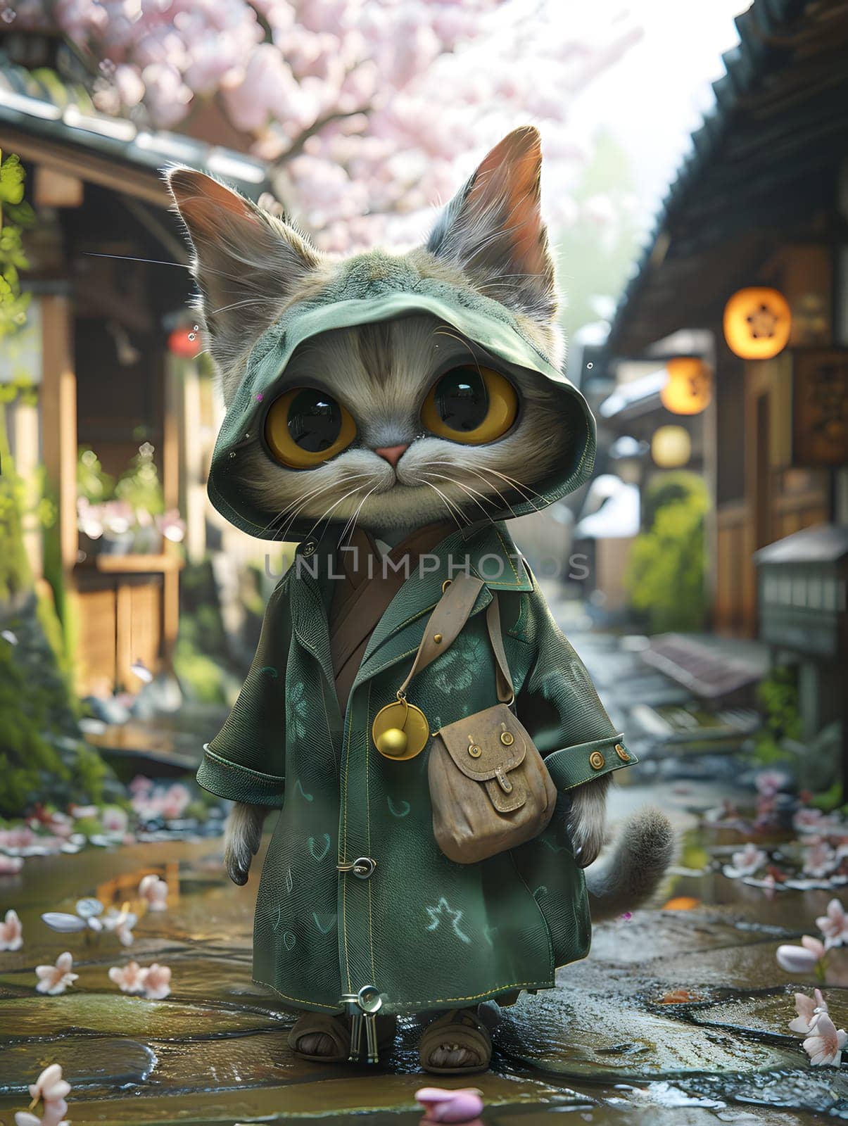 A Felidae, small to mediumsized cat with whiskers, standing on a sidewalk wearing a green coat and hood. Its fawn coat contrasts with the greenery and blue sky in the background