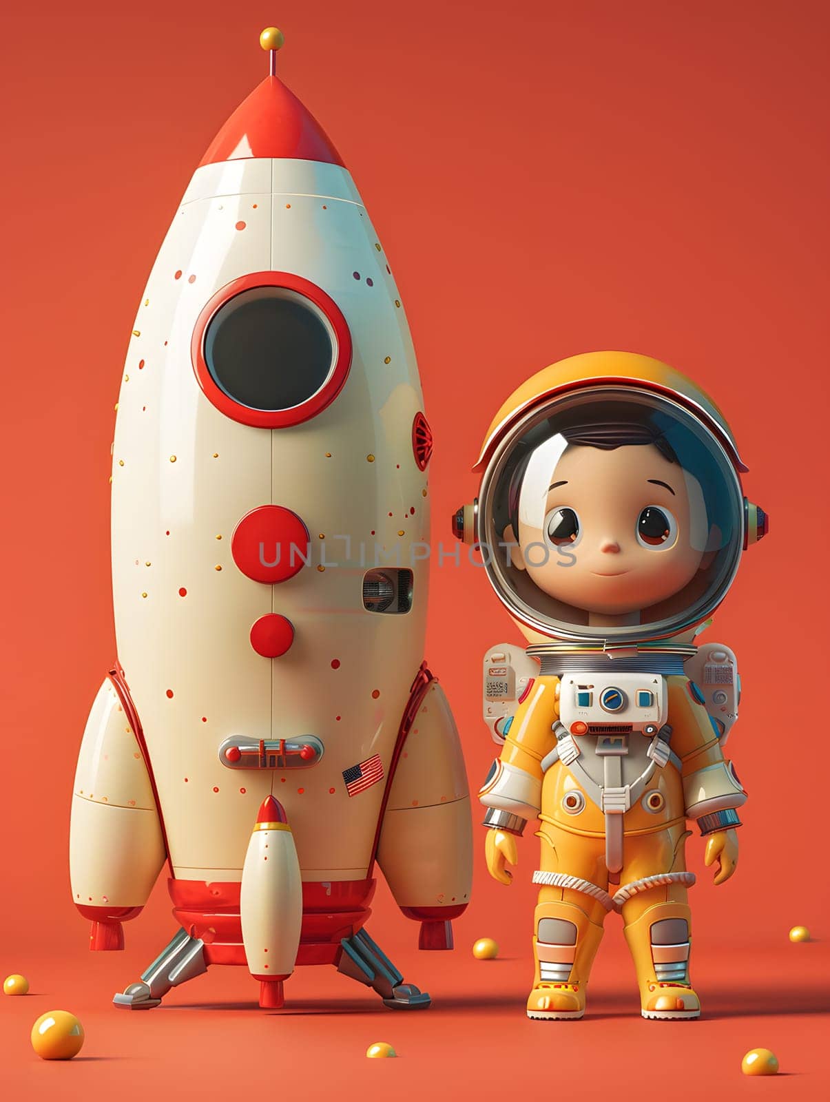 A toy astronaut is next to a toy rocket figurine at the event by Nadtochiy