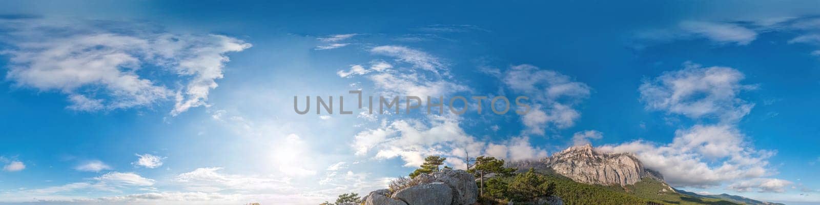 upper part of panorama with clouds in sky and mountains, for easy use in 3D graphics and panorama for composites in aerial and ground spherical panoramas as a sky dome. by panophotograph