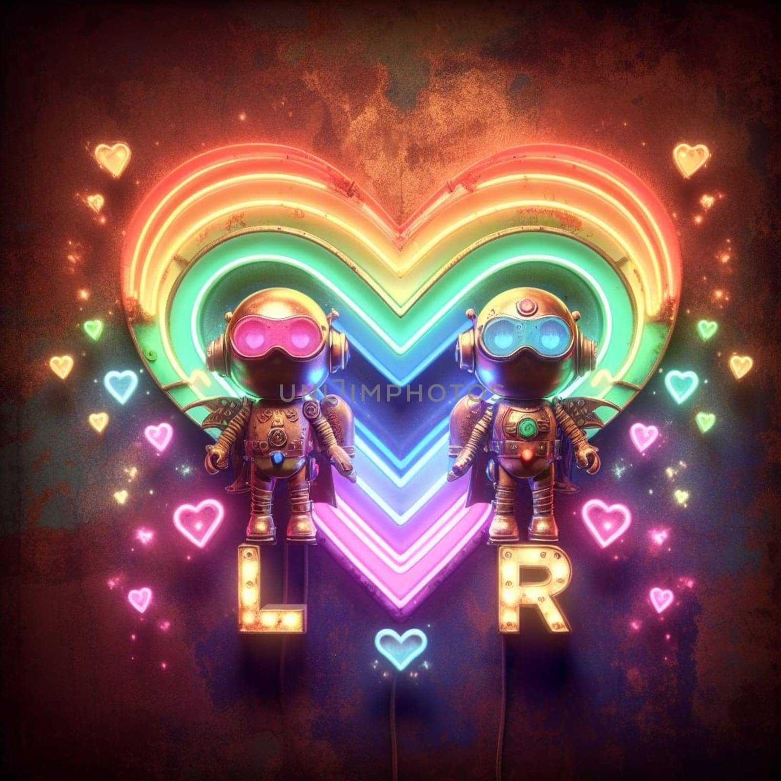 steampunk astronaut king and queen in love neon sign valentine illustration concept rusty background by verbano