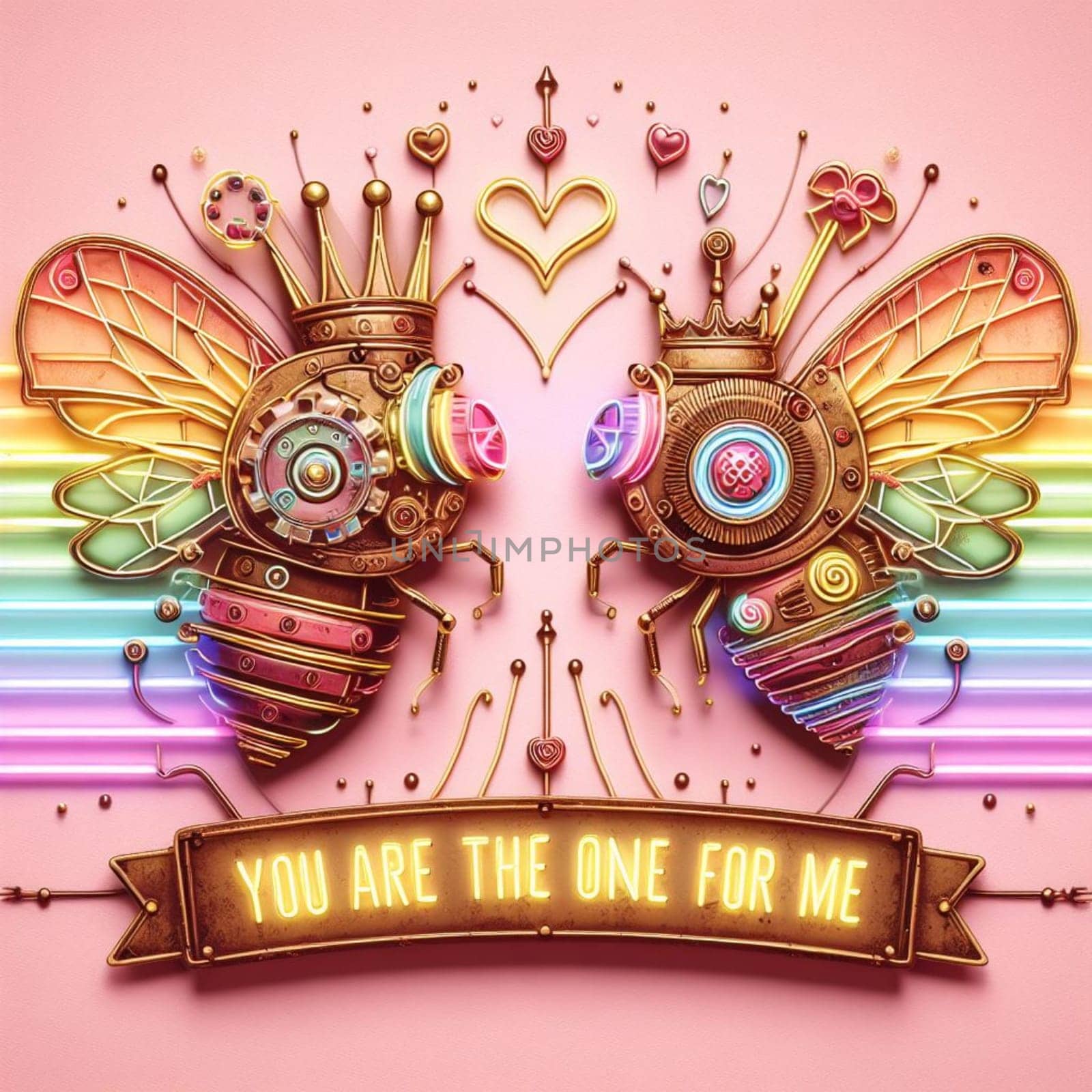 steampunk bee king and queen in love neon sign valentines illustration concept rusty background by verbano