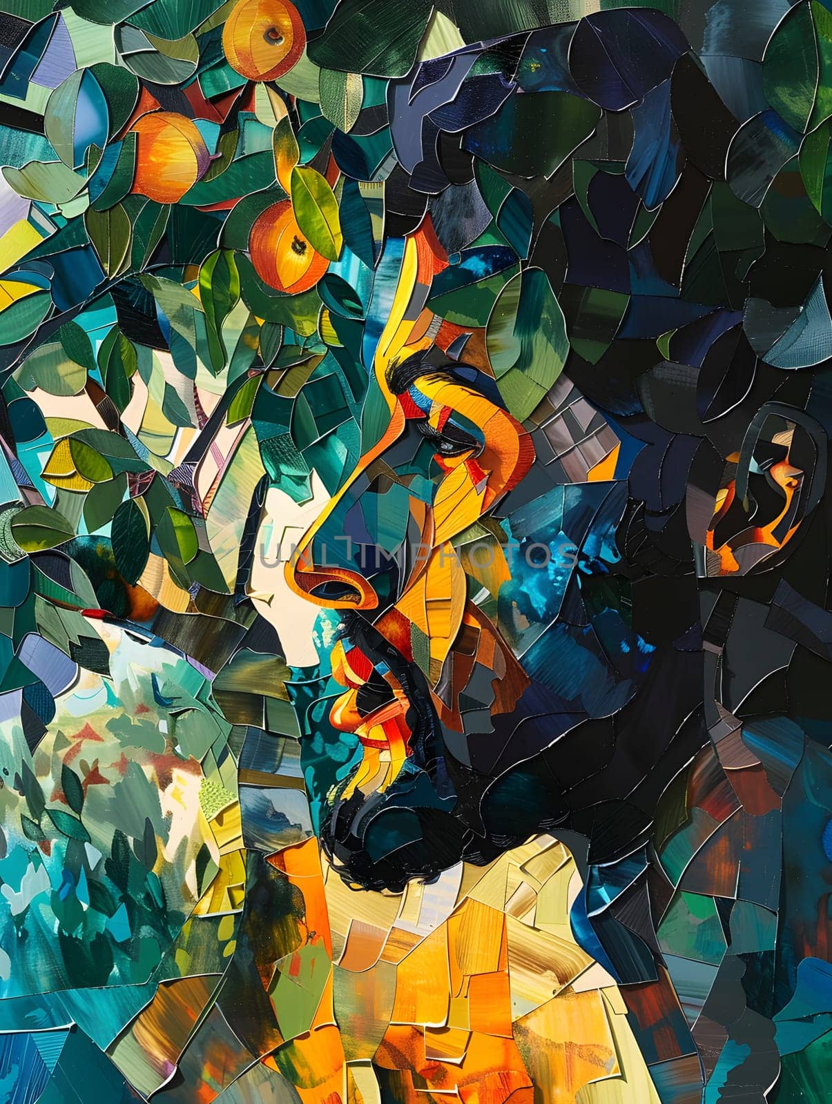 A painting depicting an organism standing under an apple tree, with electric blue skies and intricate patterns on the leaves. Artistic representation in visual arts