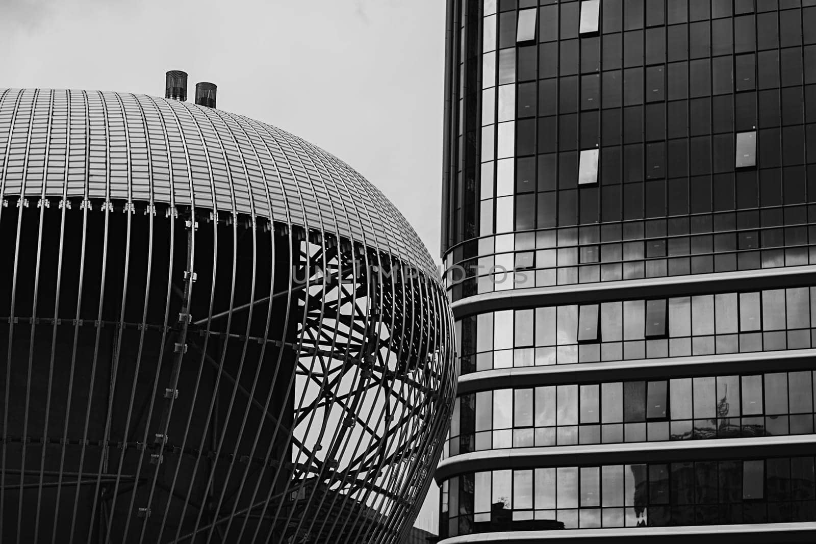 City modern architecture, futuristic buildings in black and white
