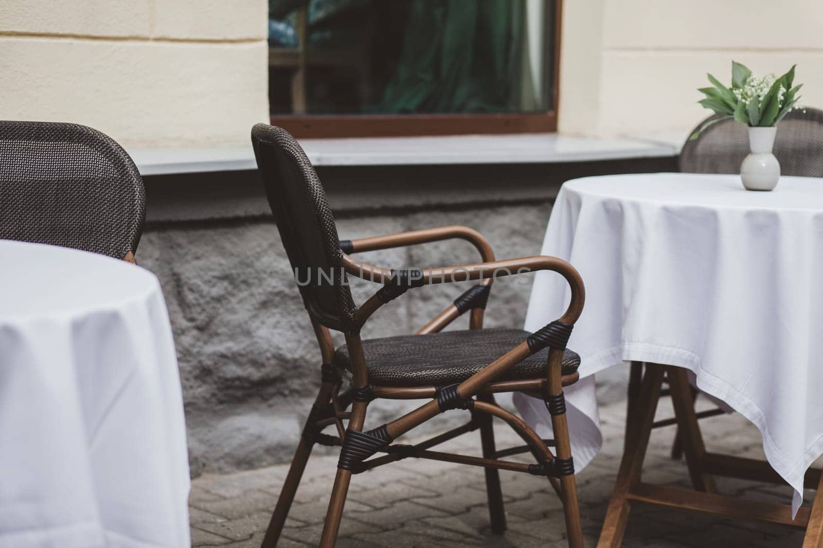 empty tables of outdoor cafe. street bistro