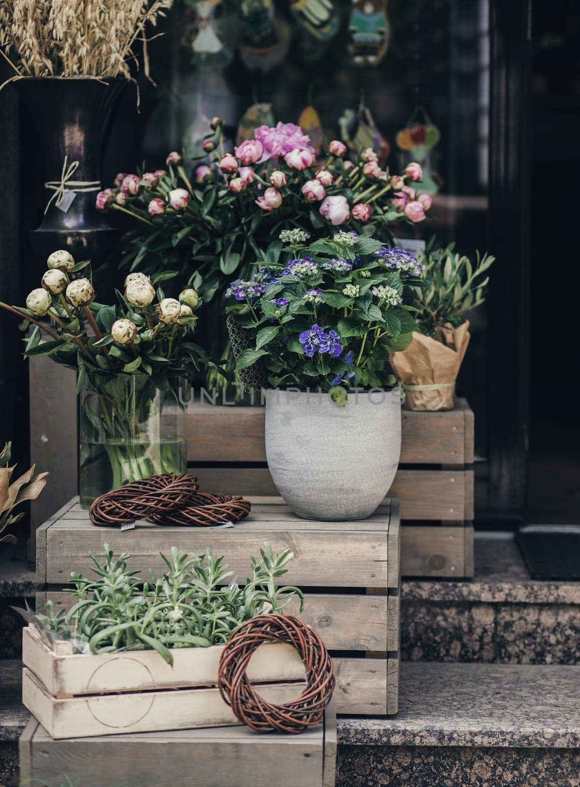 pretty street flower shop in europe city