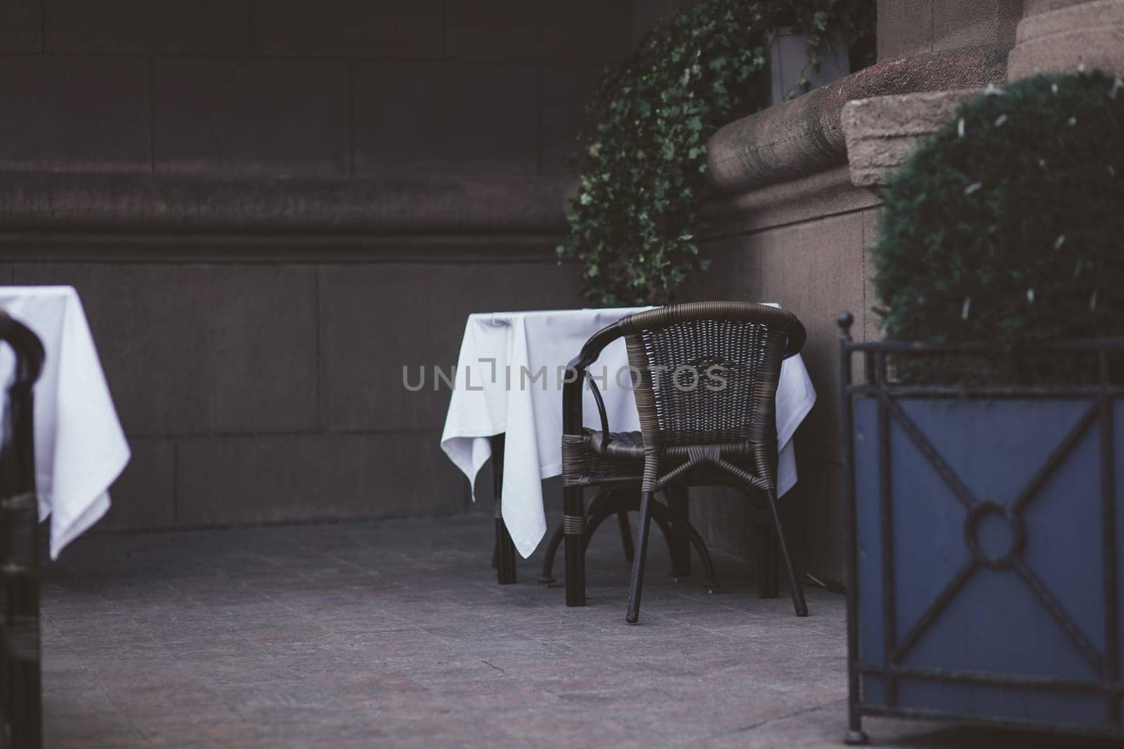 Cozy street cafe in Europe. Architecture old city