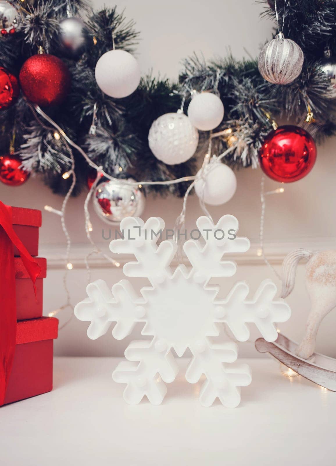 Christmas decorations on the table. snowflake and balls
