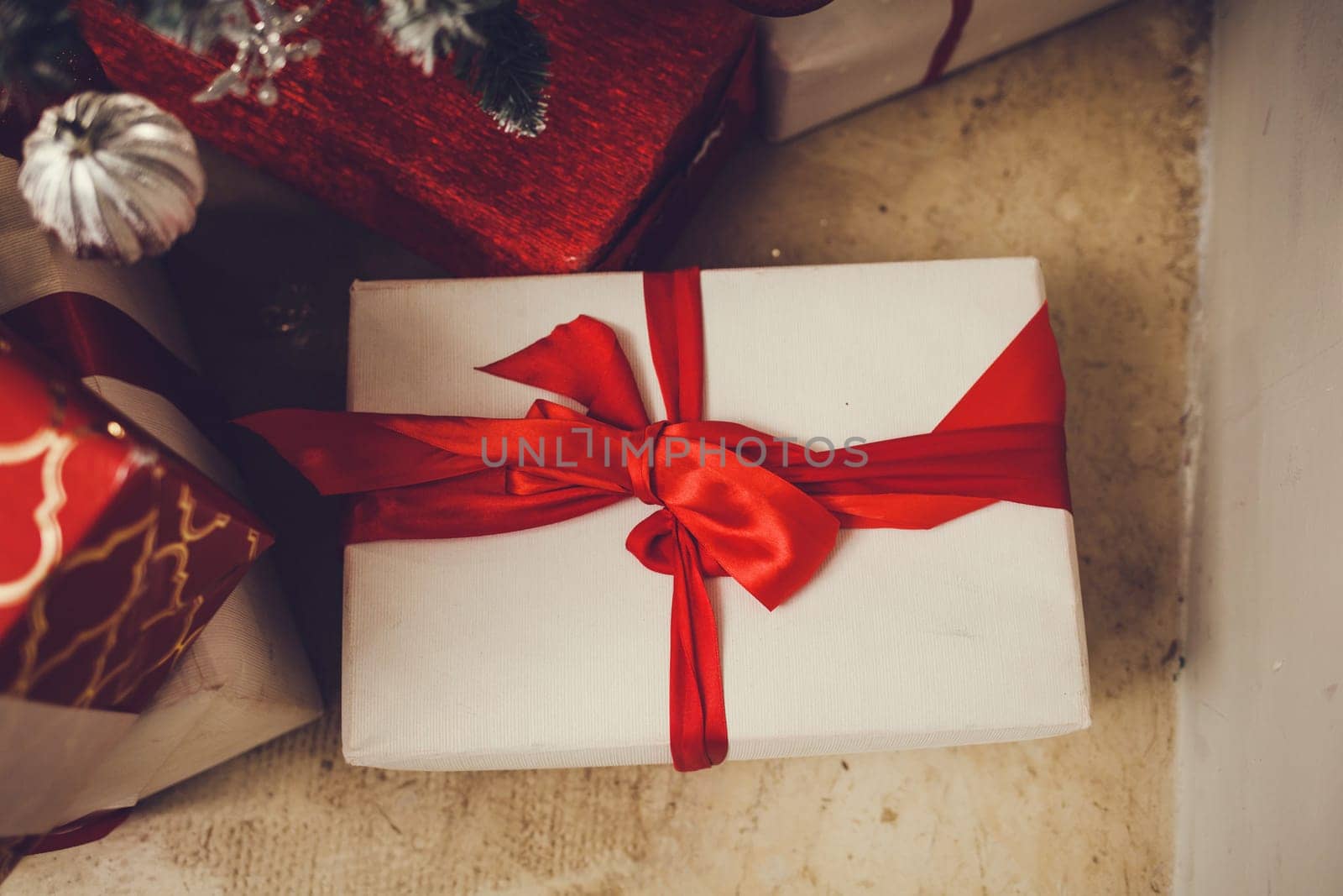Christmas gift boxes. decorations with red ribbon