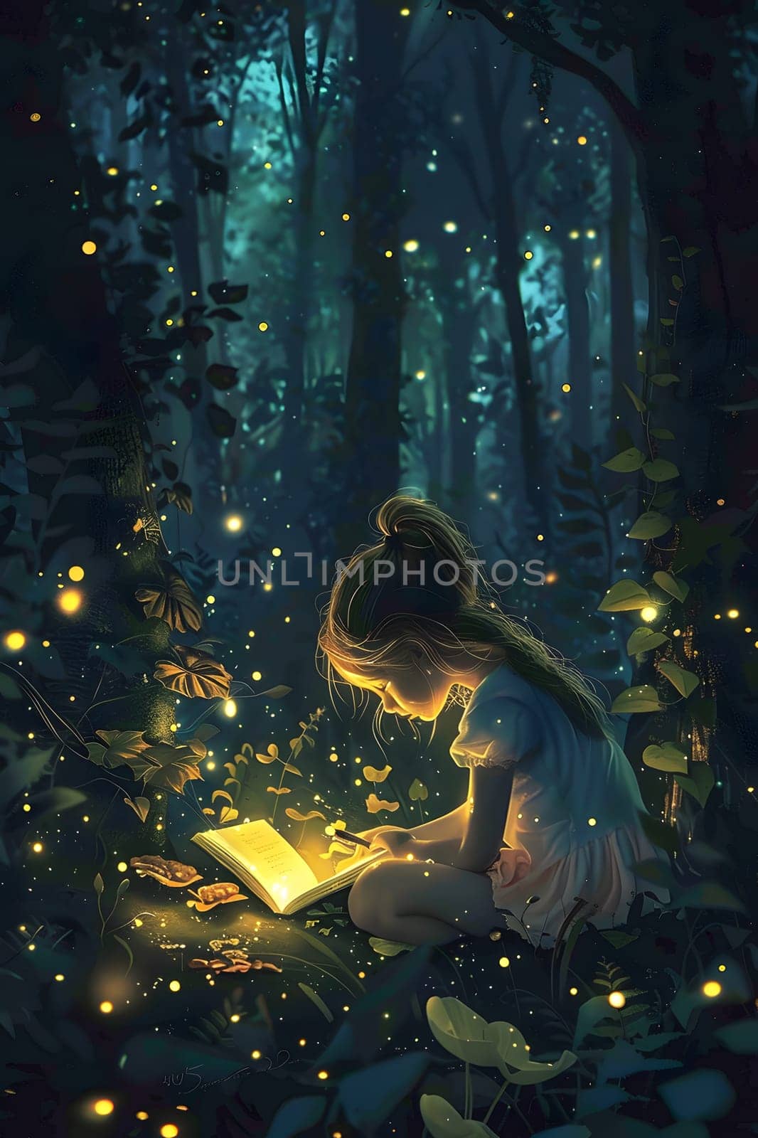 A young girl is seated in the woodland, engrossed in a book under the midnight darkness, surrounded by towering trees and the mysterious sounds of the forest