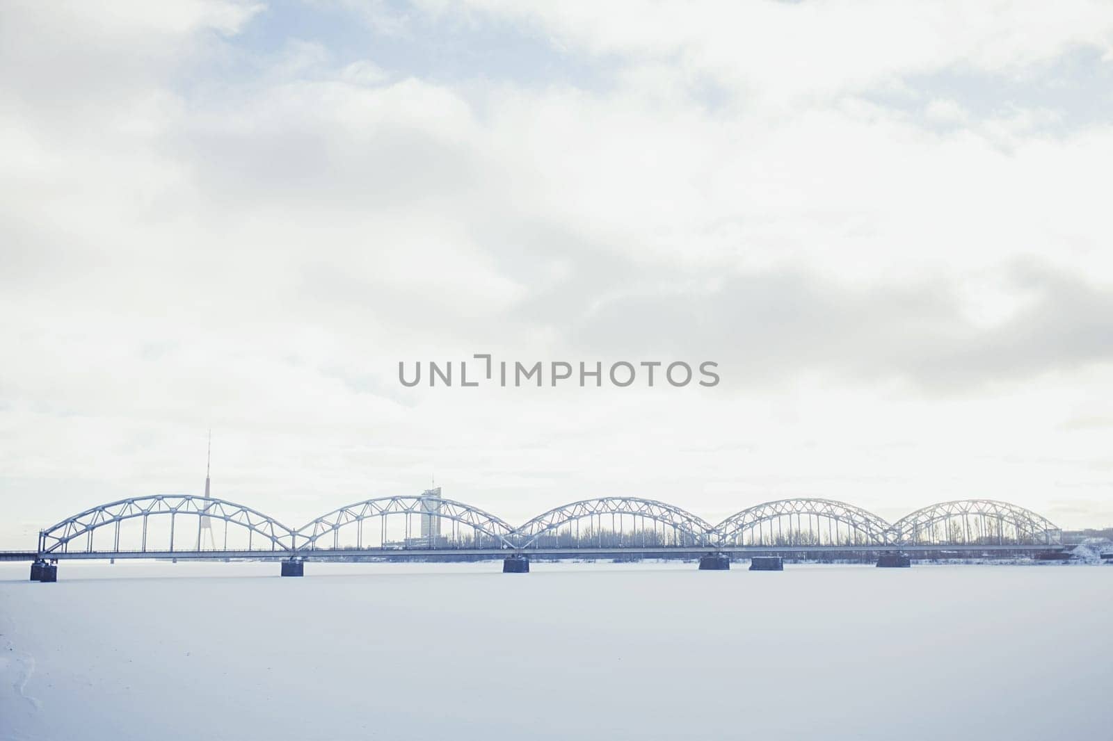 A view of the on winter Bridge over Daugava river in Riga, Latvia